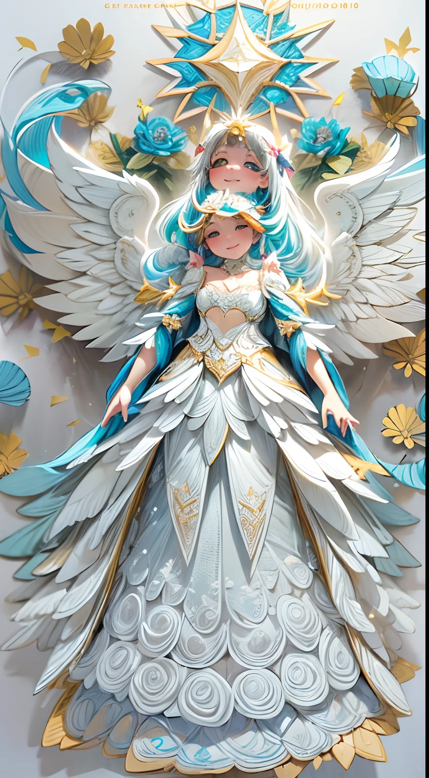 (full-body shot:1.4), White background, (1 angel girl,shining wings, halo, exquisite headdress, smile), (paper art, Quilted paper art, geomerty), (extremely colorful, Best quality, high detailed, Masterpiece, Cinematic Lighting, 4K, Chiaroscuro)