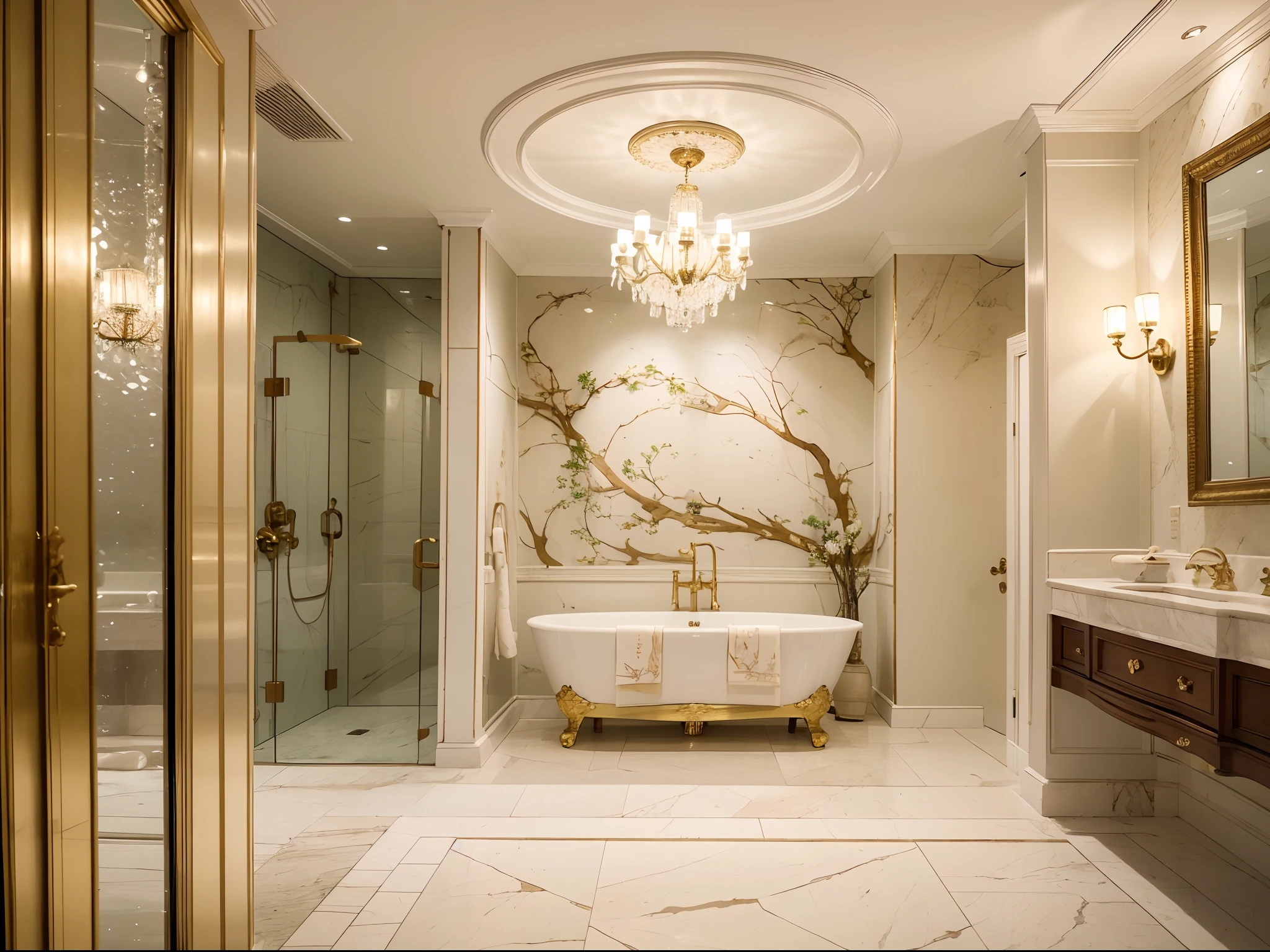 (best quality,4k,8k,highres,masterpiece:1.2),ultra-detailed,(realistic,photorealistic,photo-realistic:1.37),luxurious bathroom,creative design,golden marble flooring,shimmering light reflection,antique-style bas-relief murals,royal palace atmosphere,crystal chandelier by the bathtub,soft lighting,relaxation and comfort,beyond imagination,makeup station behind the mirror,exquisite perfumes and skincare products,elegant fragrance