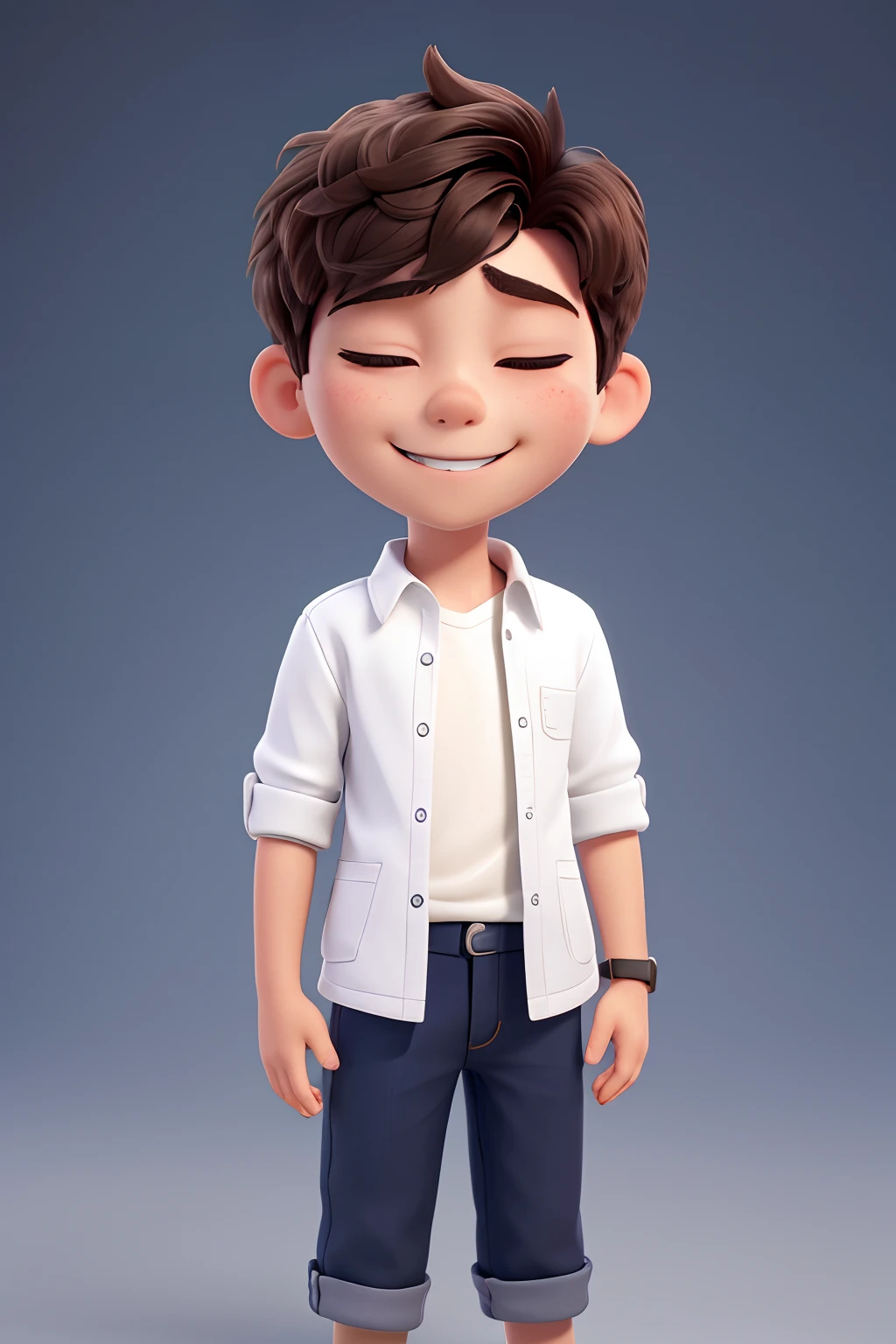(With his eyes closed),Keep smiling,Top quality, Best quality,A young boy with,Close both eyes,Photorealistic:1.4,(white backgrounid:2,),8K Ultra Clear,high qulity,tmasterpiece,Exquisite graphics,A high resolution