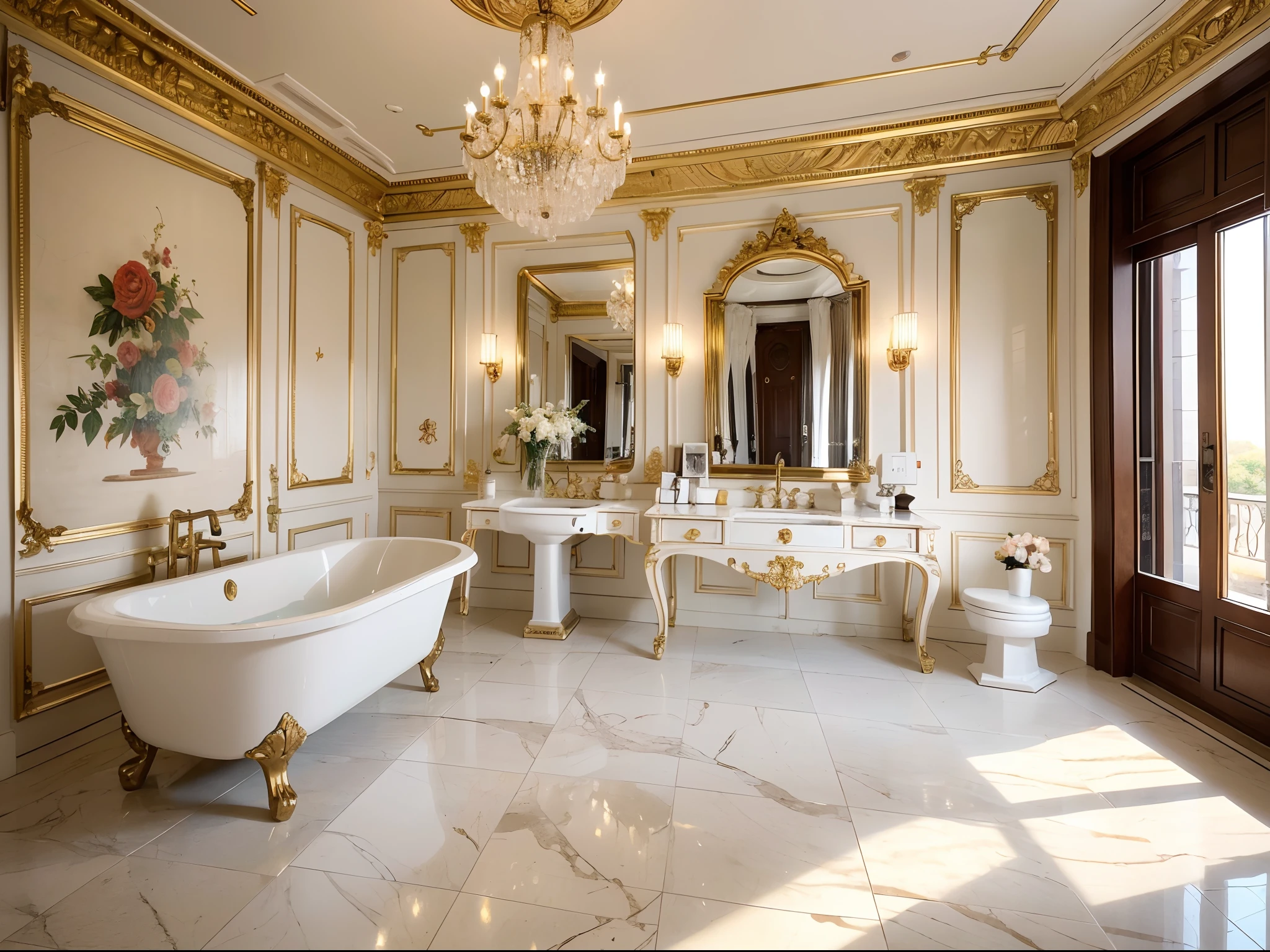 (best quality,4k,8k,highres,masterpiece:1.2),ultra-detailed,(realistic,photorealistic,photo-realistic:1.37),luxurious bathroom,creative design,golden marble flooring,shimmering light reflection,antique-style bas-relief murals,royal palace atmosphere,crystal chandelier by the bathtub,soft lighting,relaxation and comfort,beyond imagination,makeup station behind the mirror,exquisite perfumes and skincare products,elegant fragrance