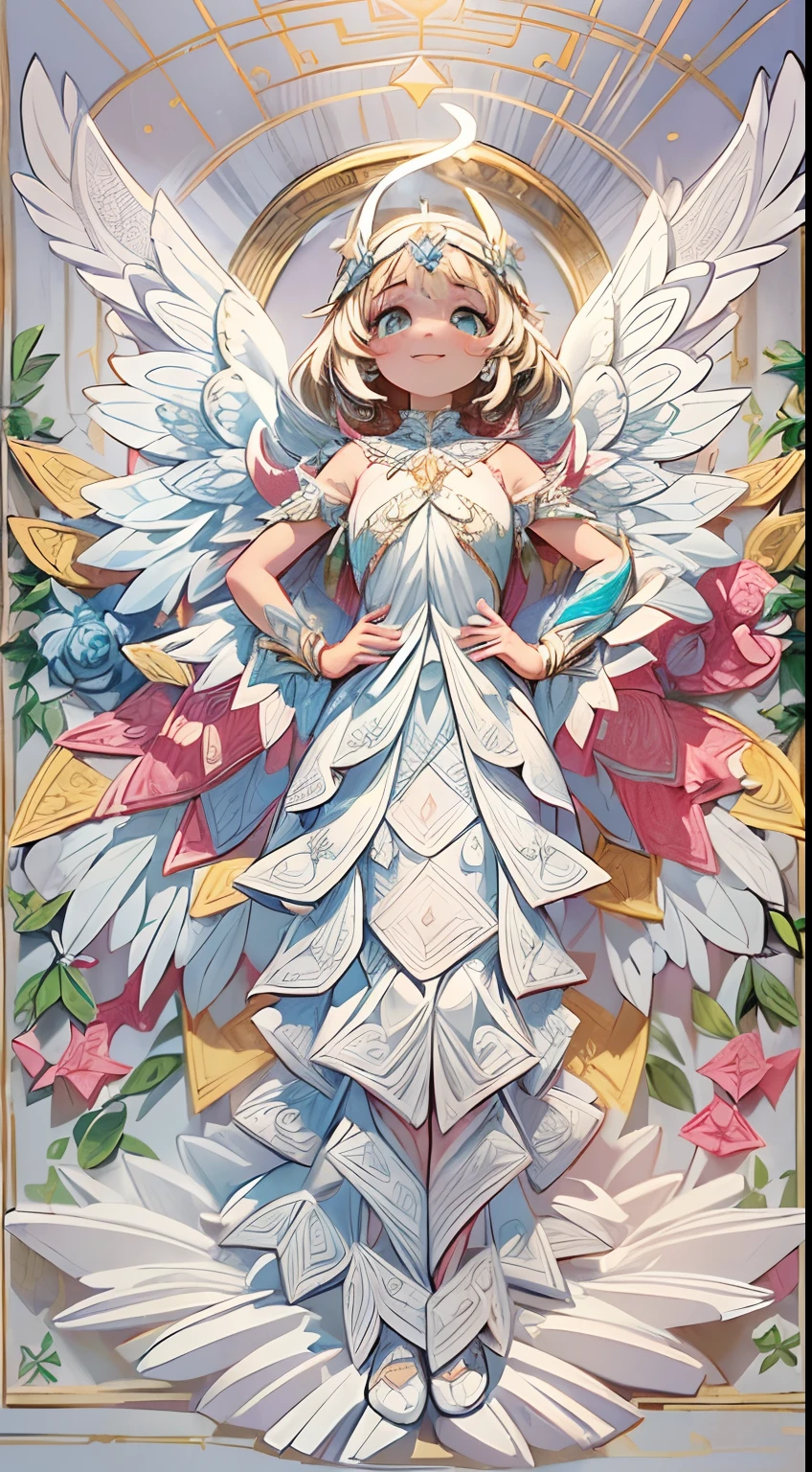 (full-body shot:1.4), White background, (1 angel girl,shining wings, halo, exquisite headdress, smile), (paper art, Quilted paper art, geomerty), (extremely colorful, Best quality, high detailed, Masterpiece, Cinematic Lighting, 4K, Chiaroscuro)