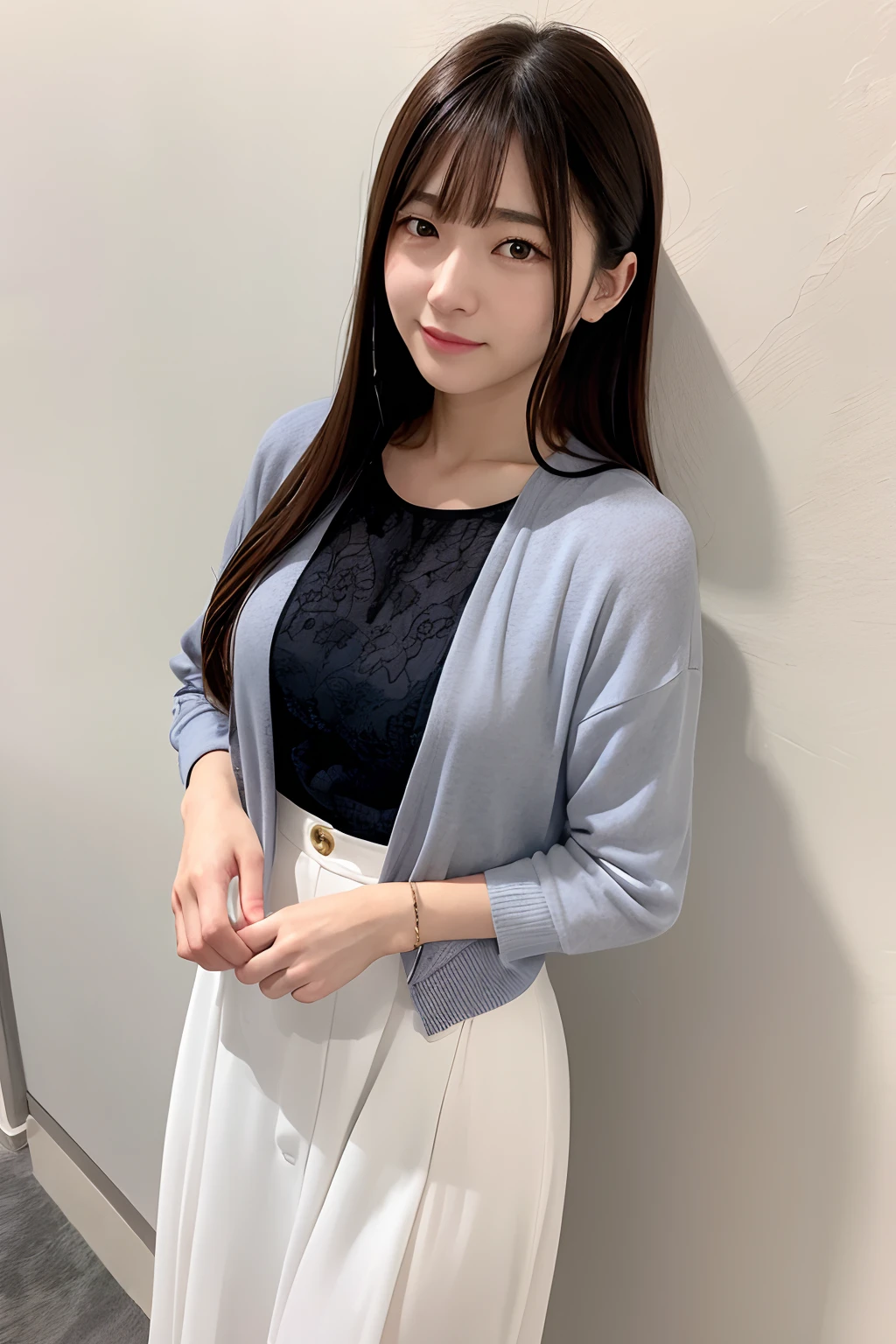 Ordinary woman in plain clothes、Harsh flash photography、[photos realistic]!!,Candid flash photography、magnifica、Masa Nakayama、flash photo、Sui Ishida、Do not copy hands、adult lady、White wall background、Photo from the front、Promotional photos、Cute clothes、Beautiful clothes