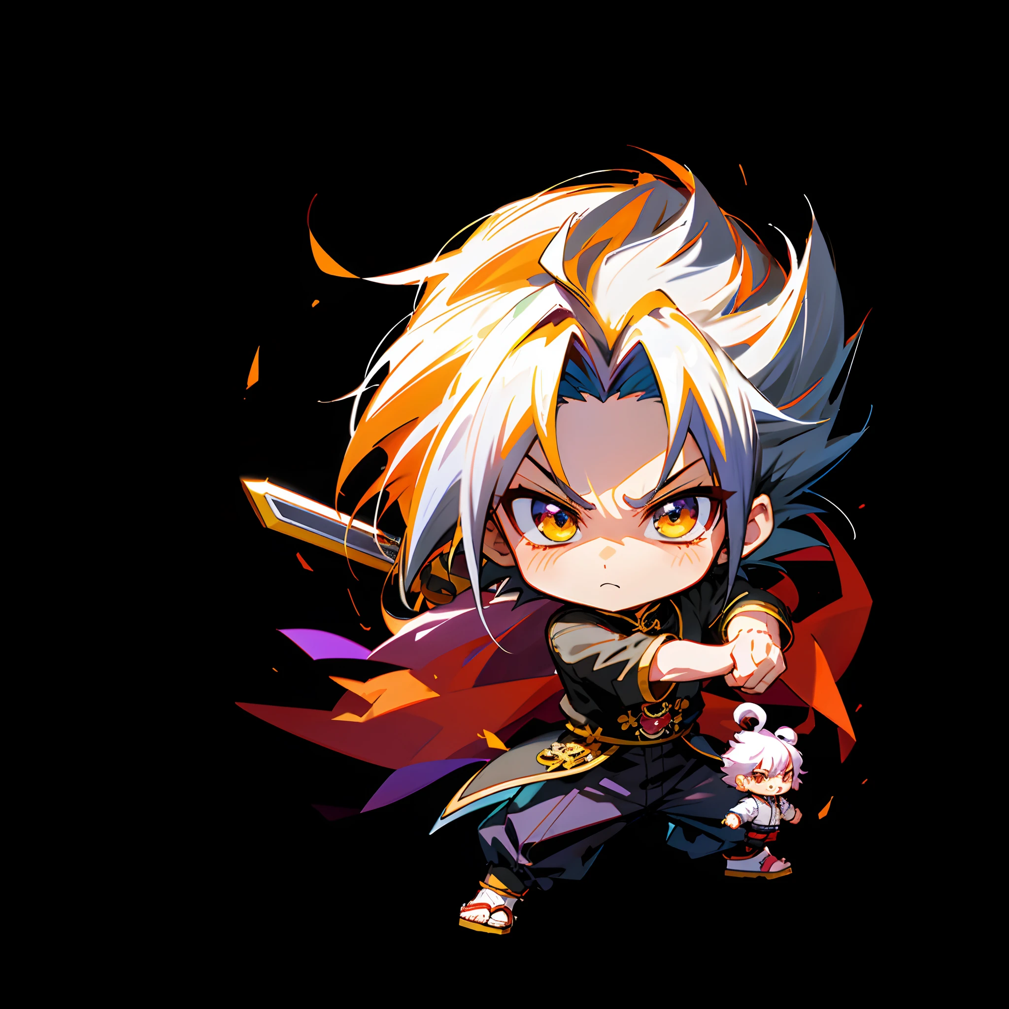 Anime boys,wild spiky black saiyan hair,With a sword,Hero 2D fanart art, character art of maple story, China-style, advanced digital chibi art, Chibi Art, style as nendoroid, MapleStory, anime chibi, chibi anime,hold fists