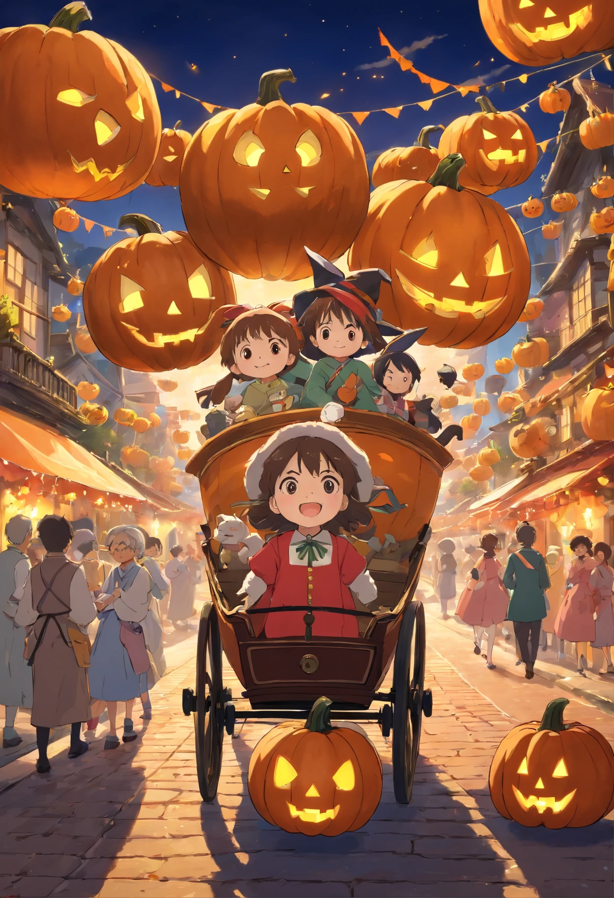 (masterpiece, best quality), pumpkin carriage running in a festival atmosphere in a kingdom, lively celebration, people enjoying it, Halloween festival atmosphere, highly detailed, 8K resolution