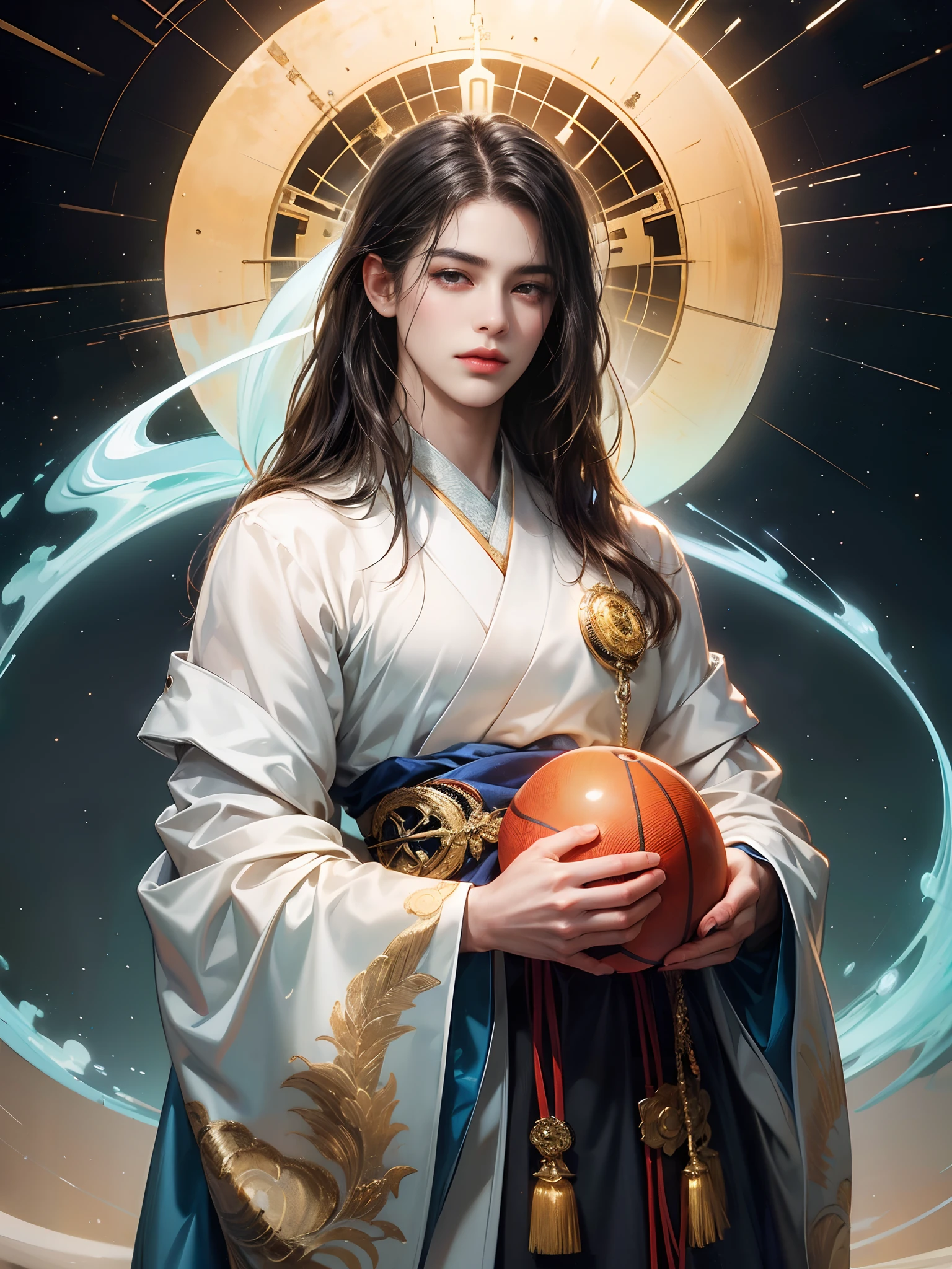 A handsome man holding the Earth in Japanese anime style. Exquisite features with high details in a 4:3 aspect ratio. The man's eyes are beautifully detailed, with long lashes. His lips are also beautifully detailed. The man has a gentle and sad expression on his face. The artwork is of the best quality, with a resolution of 4K or 8K, showcasing ultra-detailed elements. The style is realistic and photorealistic, emphasizing the emotions of the character. The colors are vibrant and vivid, adding to the overall appeal of the image. The lighting is delicately crafted, illuminating the scene with a soft and melancholic ambiance.
