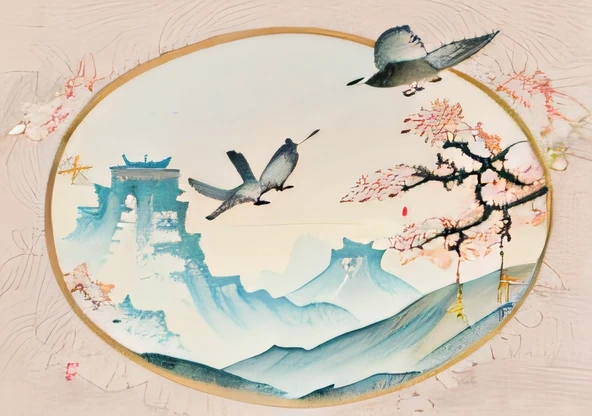 There are two birds flying over a circle over the mountain, Chinese watercolor style, Chinese style painting, Chinese painting style, Japanese style painting, Chinese landscape, A beautiful artwork illustration, Japanese art style, inspired by Ma Yuanyu, fairy tale style background, Traditional Chinese painting, in the art style of ukiyo - e, Many birds and osmanthus flowers flew around
