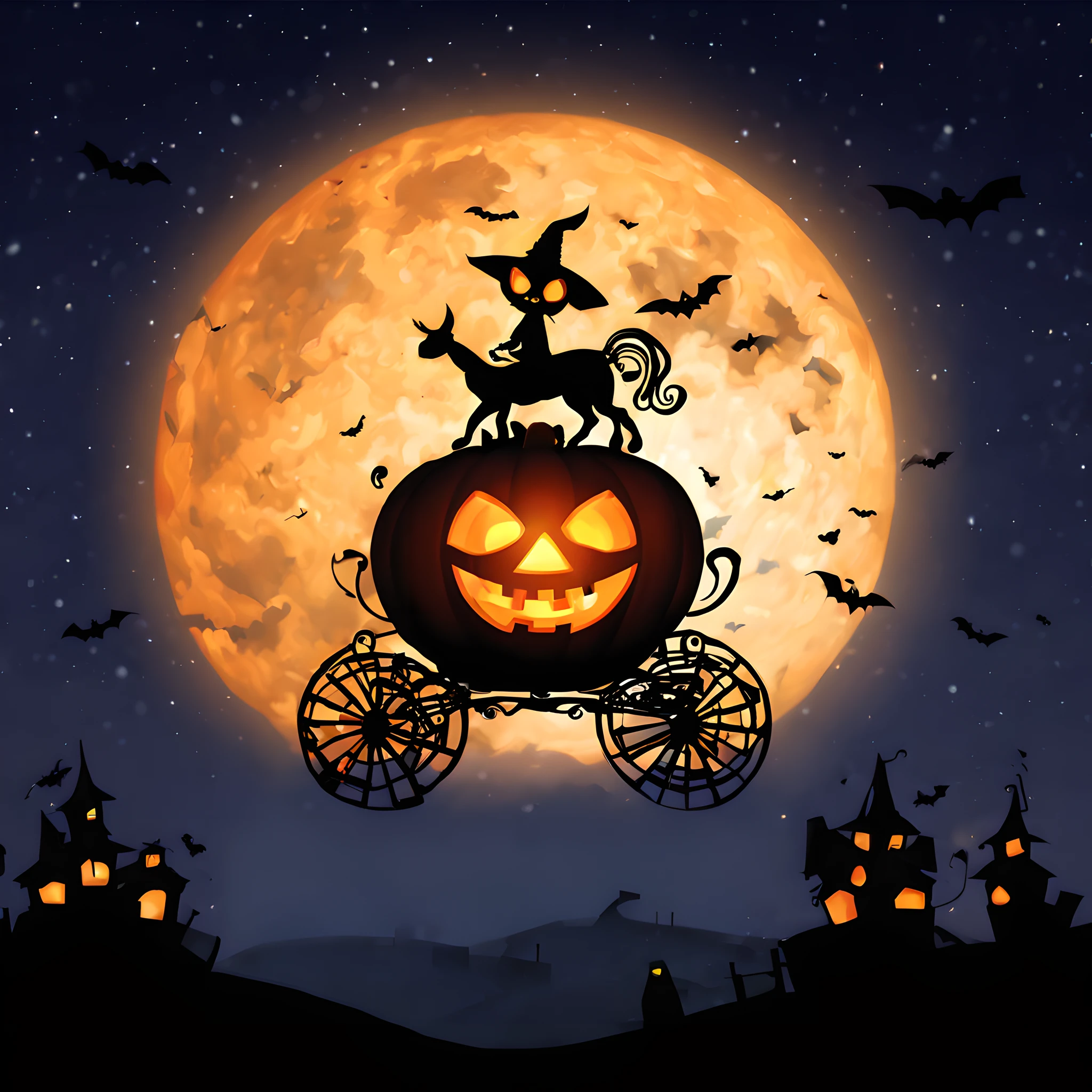 (halloween theme:1.5), (Pumpkin Carriage:1.5), chibi emote, flying starry sky like a movie "ET", Like the famous scene of the movie ET、Pumpkin Carriage soars through the sky、under huge full moon, silhuette、