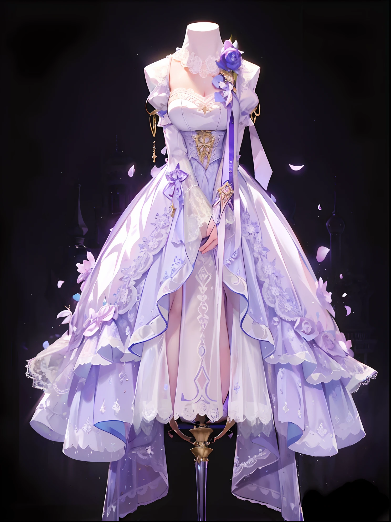 ((One girl)), Ultra-realistic photo of a girl in a majestic light purple and white-blue ball gown dress, Big beautiful dress, Complex puffy ball gown with lots of frills and rhinestones, (Black horned:1.2), (Best Quality, masutepiece, ((Lace sleeves:1.2))。 art stations, Fantasy Art:1.2), Palace rooms, Beautiful cute, (Mannequin), (Complex short gold skirt, Bare legs:1.2, Full body shot)