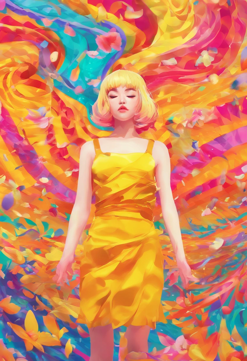 ((top-quality, 8K)), (Realistic), (Face Focus: 1.1), (amarelo: 1.3), Kawaii Girl, short-hair,
Hair fluttering in the wind, Facing to the side, Look up at your face, Eyes closed, (Sleeveless: 1.1)、Skirt, D Cup Breasts,Countless petals are falling