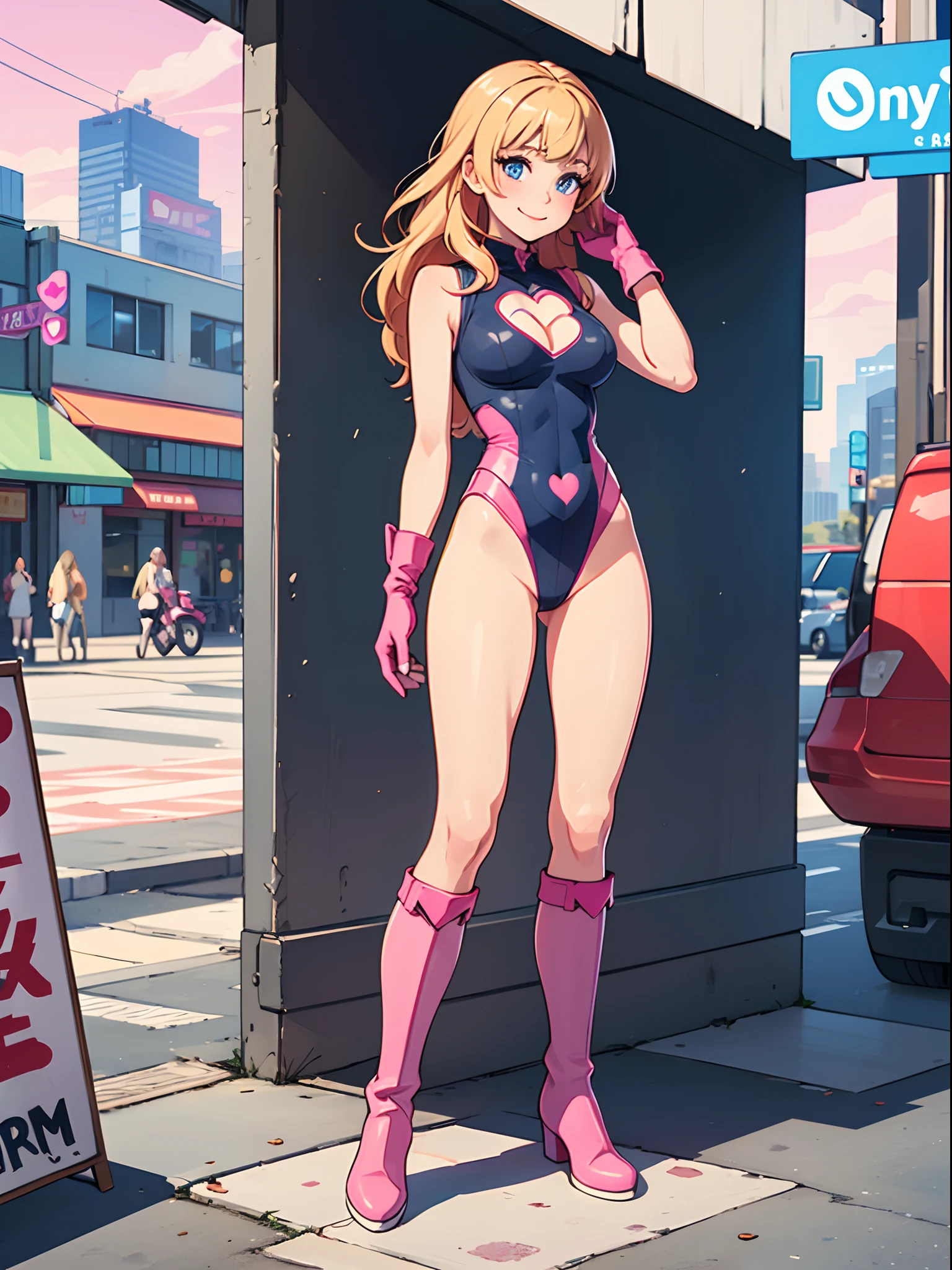masterpiece, best quality, hires, 1girl, solo, leotard, bare legs, matching boots, sleeveless, looking at the viewer, city backdrop, perfect hands, perfect eyes, perfect leotard, perfect legs, perfect arms, perfect fingers, perfect anatomy, medium breasts, magenta pink leotard, pink leotard, blonde hair, long hair, knee boots, blue eyes, heart cutout, cute face, hair down, bangs, sleeveless, pink gloves, pink footwear, cleavage cutout, superhero, solo, casual, smile, single, standing