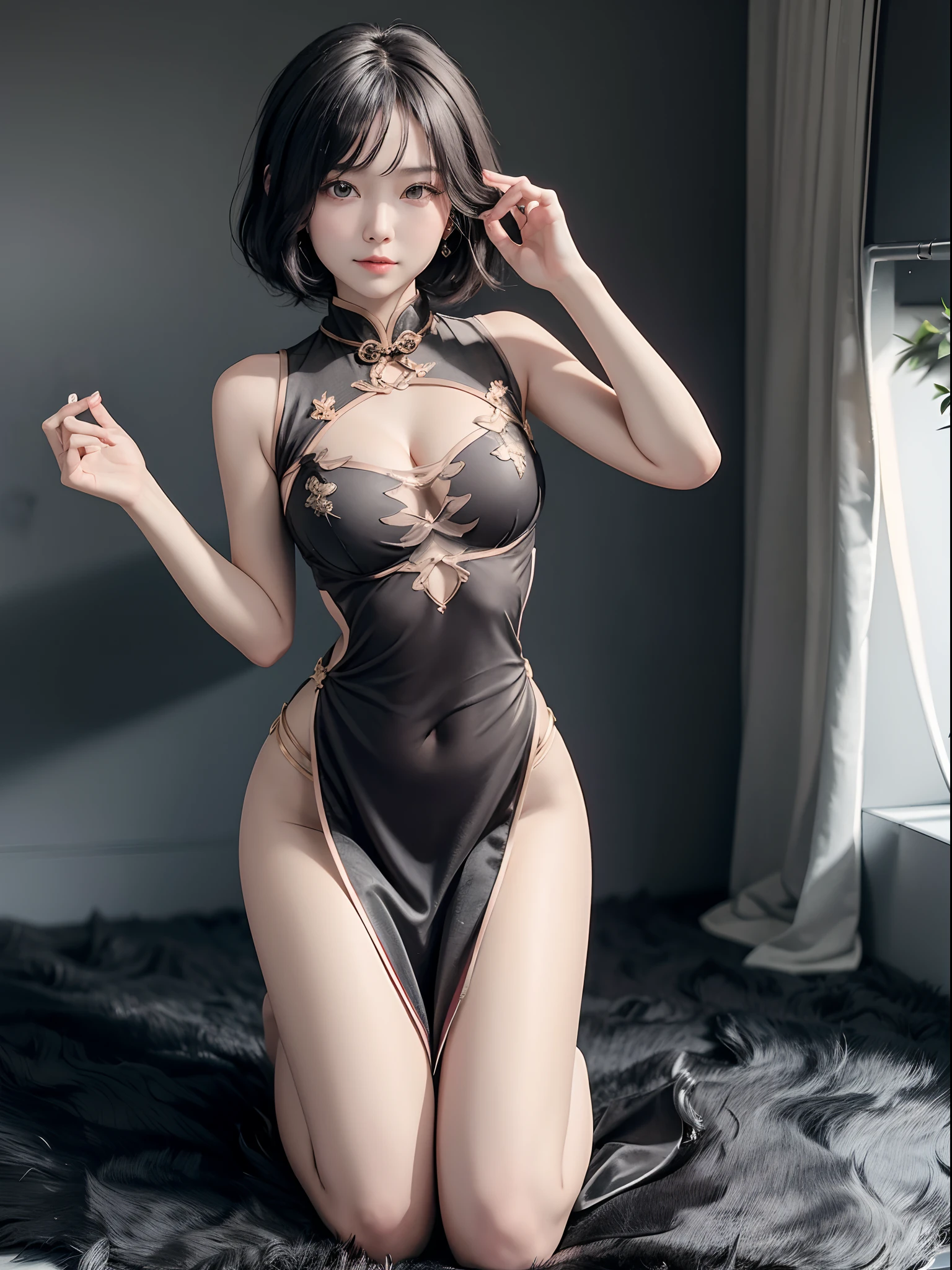 girl, short hairs,Cheongsam, belly cutout, abdomen cutout, cleavage, transparent, breasts, kneeling, ((loincloth))