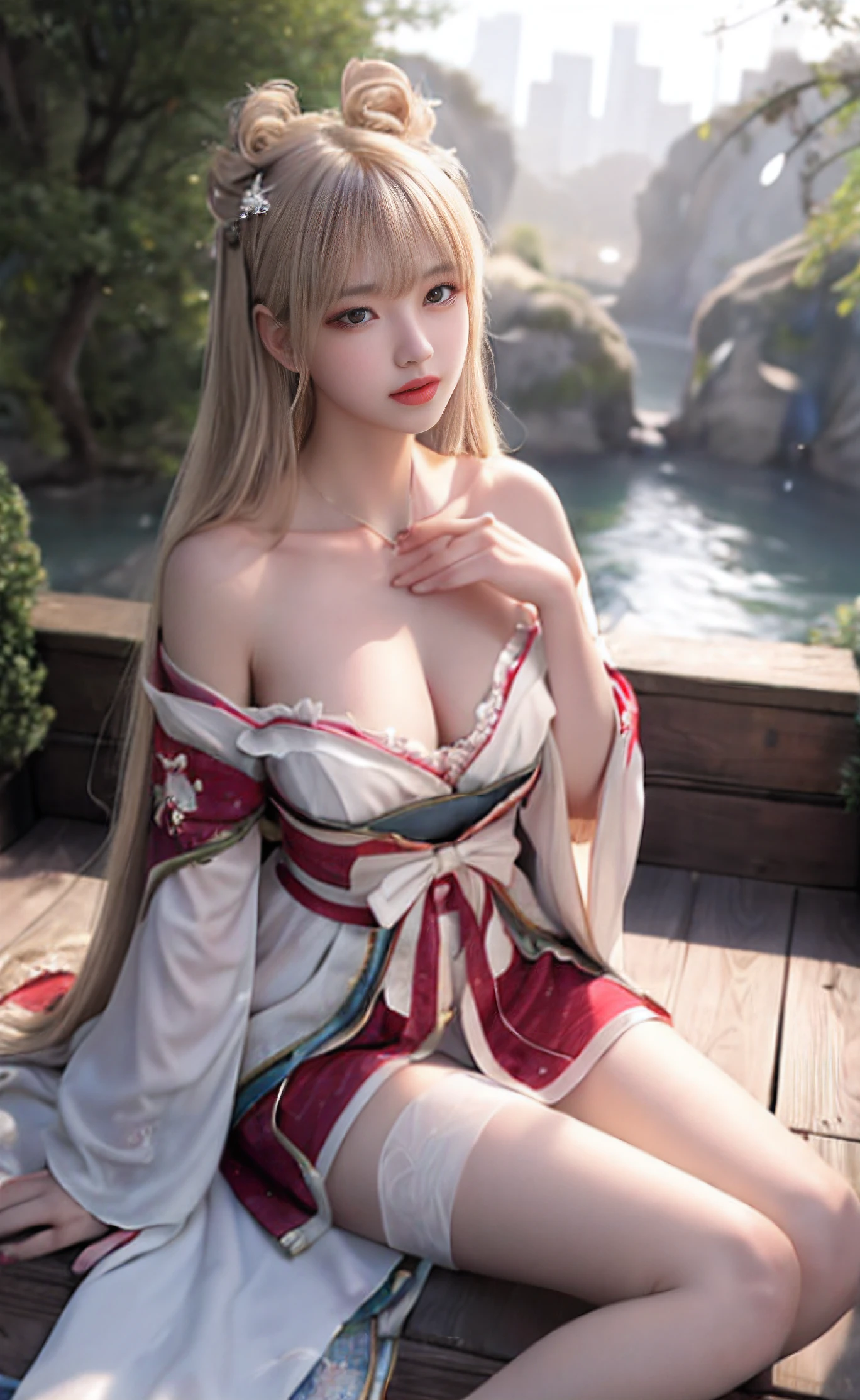 unbelievable Ridiculous,hugefilesize,ultra - detailed,the heirs,The is very detailed,Best quality at best,tmasterpiece,An extremely delicate and beautiful,The is very detailed,CG,Solidarity,8k wallpaper,An Astonishing,finely detailled,tmasterpiece,Best quality at best,offcial art,extremely detailed CGunity8k wallpapers,The upper part of the body,tmasterpiece,Need,(真实感:1.4),A high resolution,long whitr hair,Jewelry hairpins,breast enhancement,Riverside rocks or temples or bridges,hanstyle,Hanfu,ssee-through,Bigchest,There are very deep,There is light in the chest,Looming,Extremely Delicately Beautiful,Delicate collarbones,beautiful make up,Exquisite and perfect facial features,looking toward the viewer,photon maping, Radio City, physically-based renderingt, above waist