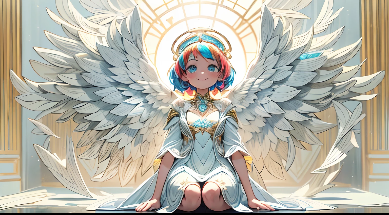 (full-body shot:1.4),  White background, (1 angel girl,shining wings, halo, exquisite headdress, smile), (paper art, Quilted paper art, geomerty), (extremely colorful, Best quality, high detailed, Masterpiece, Cinematic Lighting, 4K, Chiaroscuro)