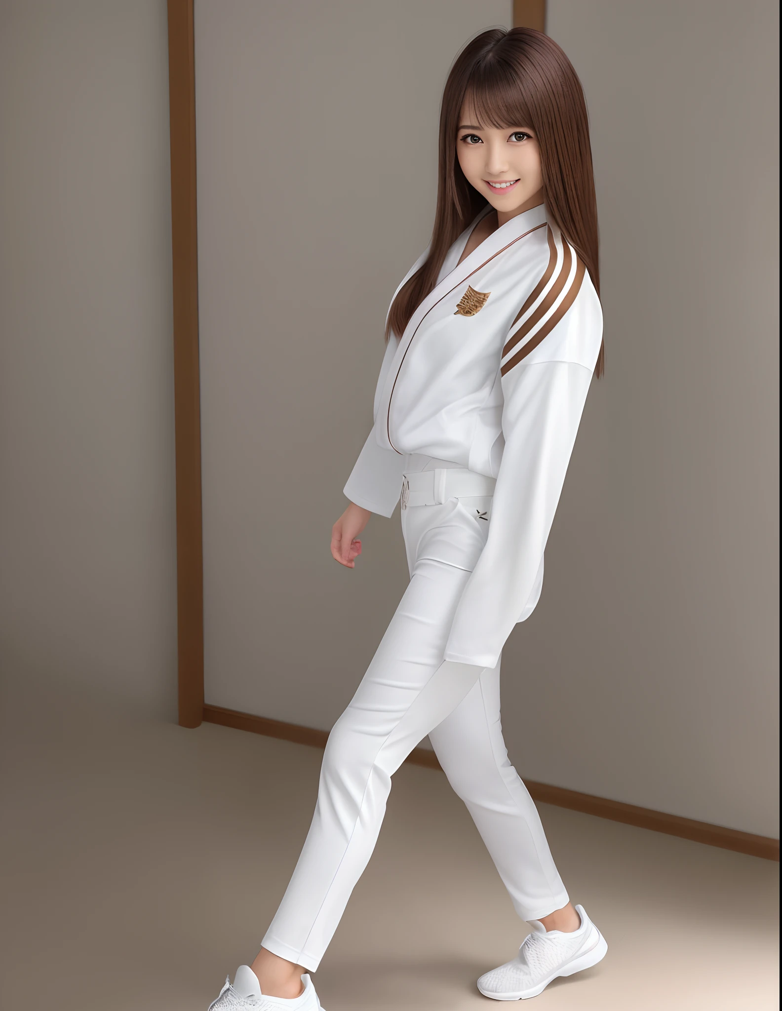 (Photorealsitic)(), Perfectly beautiful woman, (Full body 8K portrait), Stick out your fist, Large and dynamic hand and foot movements, Correct skeleton, White Karate Uniform, White karate pants, Large bust,Stand alone, Perfect facial detail, (Smile: 1.15), attractive beautiful face, gazing at viewer, a small face, 二重まぶた, Beautiful detailed eyes, long eyeslashes, ligh brown hair, Hairstyle is bob style, Toned waist, Beautiful thin legs, toned ankles, bare-legged ,TOKYOcty