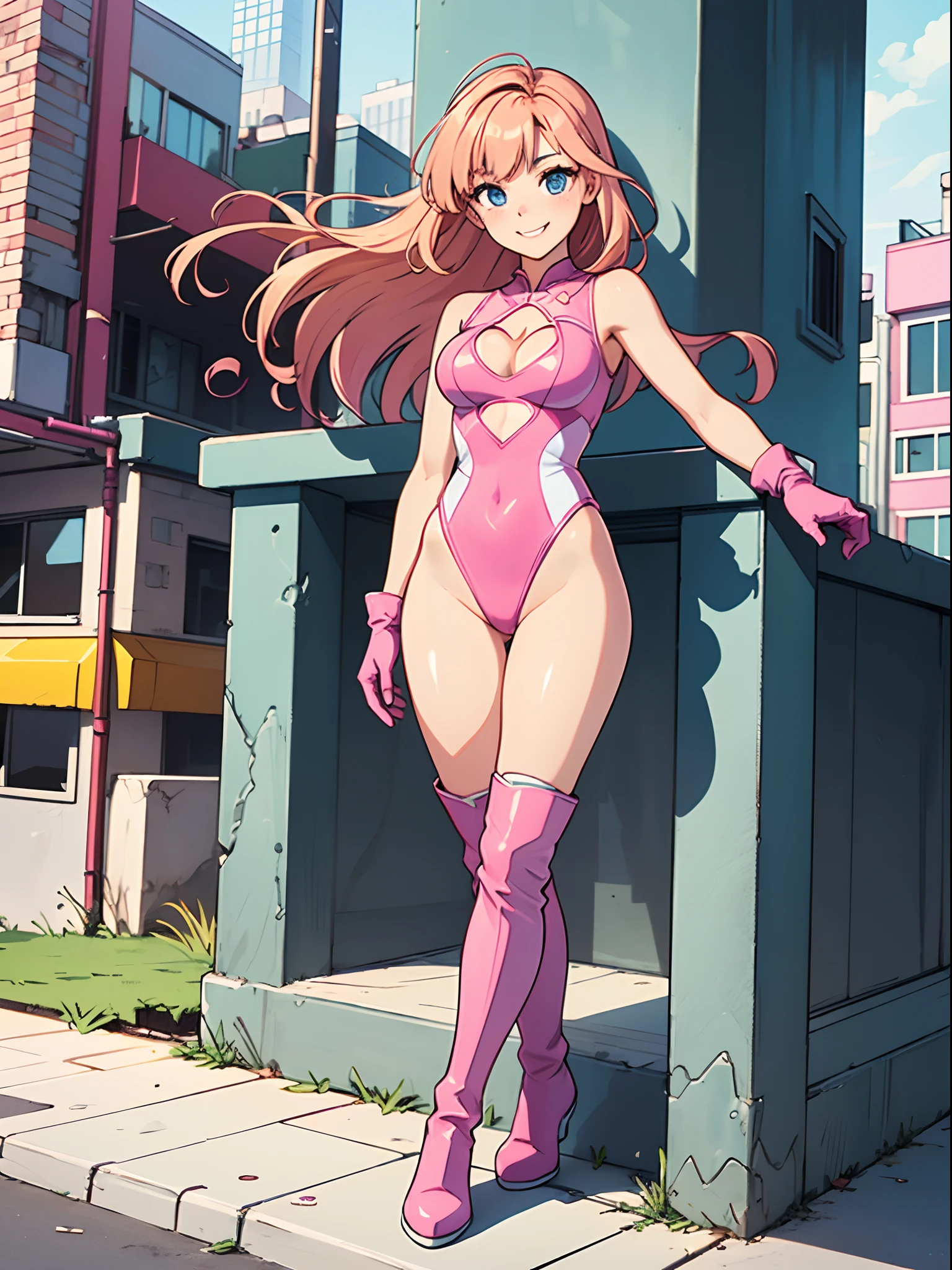 masterpiece, best quality, hires, 1girl, solo, leotard, bare legs, matching boots, sleeveless, looking at the viewer, city backdrop, perfect hands, perfect eyes, perfect leotard, perfect legs, perfect arms, perfect fingers, perfect anatomy, medium breasts, 100% magenta pink leotard, pink leotard, blonde hair, long hair, knee boots, blue eyes, heart cutout, cute face, hair down, bangs, sleeveless, pink gloves, pink footwear, cleavage cutout, superhero, solo, casual, smile, single, standing