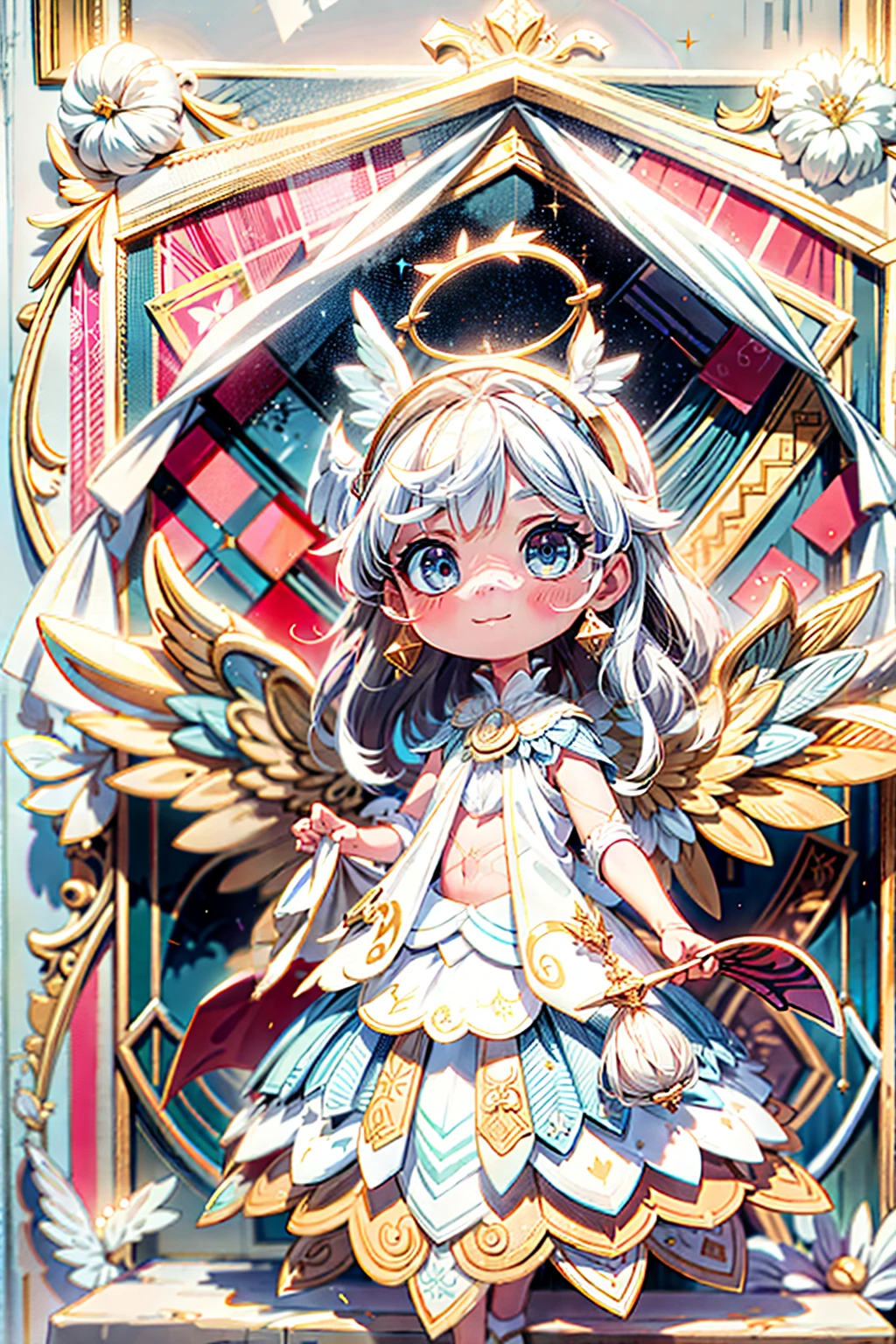 (full body shot of:1.4),white backgrounid,(1 angel girl,shiny wings,The halo,Delicate headgear,ssmile),(paper art,Quilted paper art,Geometry),(plethora of colors,Best quality,high detal,tmasterpiece,Cinematic lighting effects,4K,Chiaroscuro)