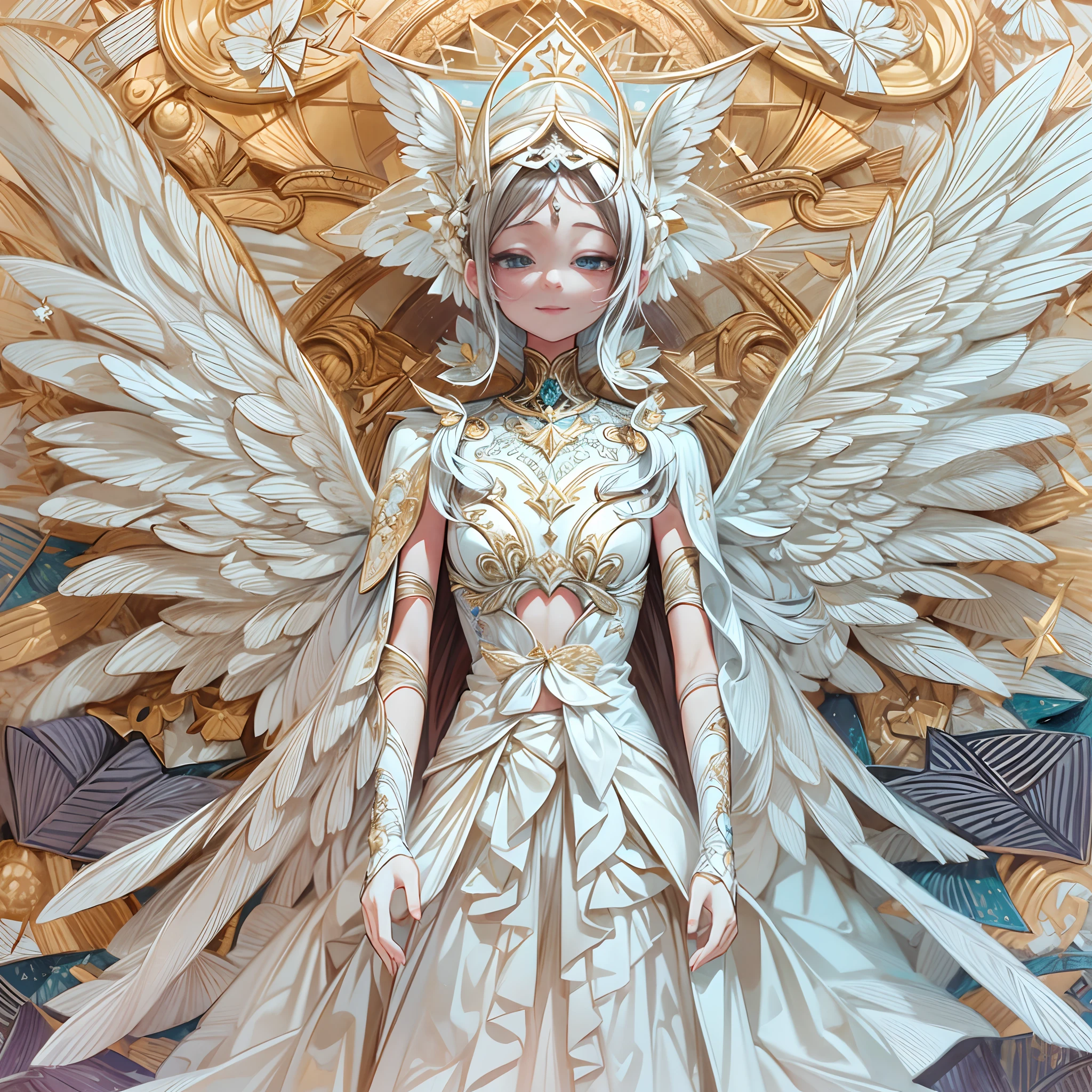 (full body shot of:1.4),white backgrounid,(1 angel girl,shiny wings,The halo,Delicate headgear,ssmile),(paper art,Quilted paper art,Geometry),(plethora of colors,Best quality,high detal,tmasterpiece,Cinematic lighting effects,4K,Chiaroscuro)