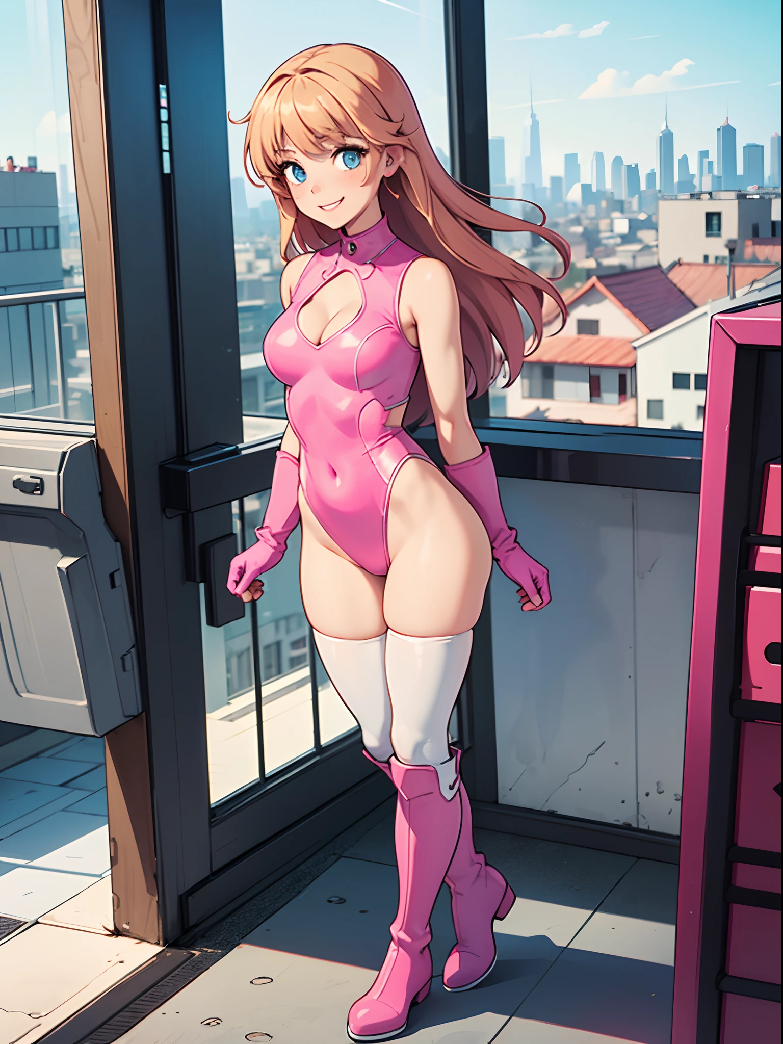 masterpiece, best quality, hires, 1girl, solo, leotard, bare legs, matching boots, sleeveless, looking at the viewer, city backdrop, perfect hands, perfect eyes, perfect leotard, perfect legs, perfect arms, perfect fingers, perfect anatomy, medium breasts, 100% magenta pink leotard, pink leotard, blonde hair, long hair, knee boots, blue eyes, heart cutout, cute face, hair down, bangs, sleeveless, pink gloves, pink footwear, cleavage cutout, superhero, solo, casual, smile, single, standing
