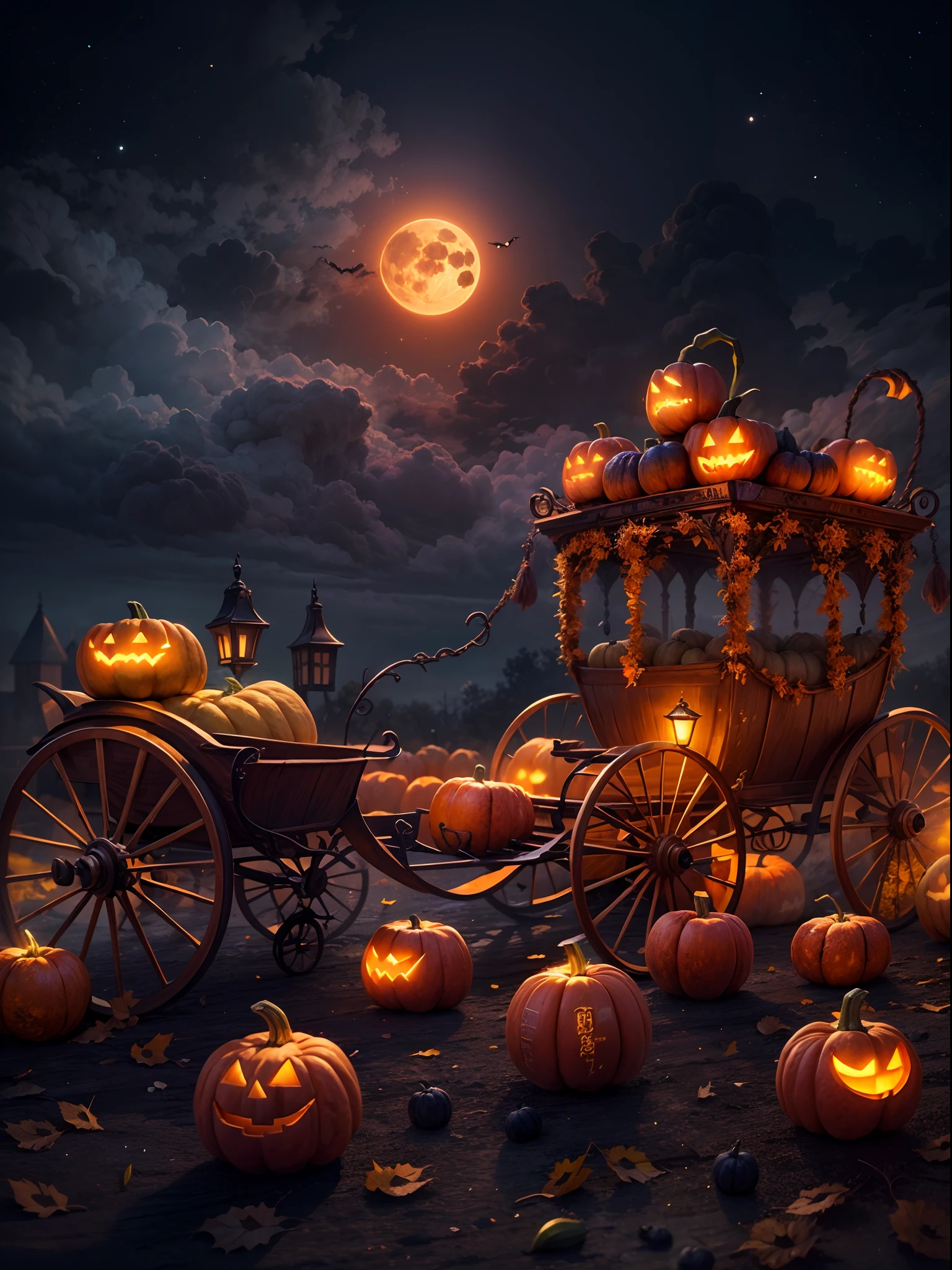 A pumpkin carriage at hill, Halloween night, super realistic, glowing orange pumpkin carriage, cloudy sky, detailed art, cinematic art, 24K UHD resolution, blurred background, ultra high detailed, orange full moon