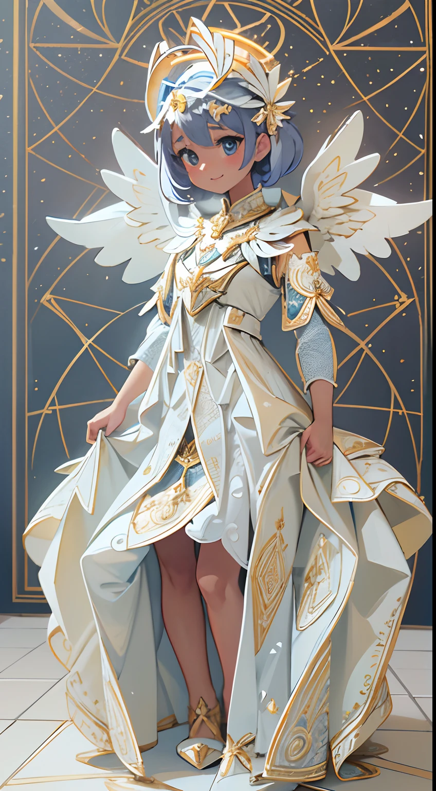 （full body shot of：1.4），white backgrounid，（1 angel girl，shiny wings，The halo，Delicate headgear，ssmile），（paper art，Quilted paper art，Geometry），（plethora of colors，Best quality，high detal，tmasterpiece，Cinematic lighting effects，4K，Chiaroscuro）