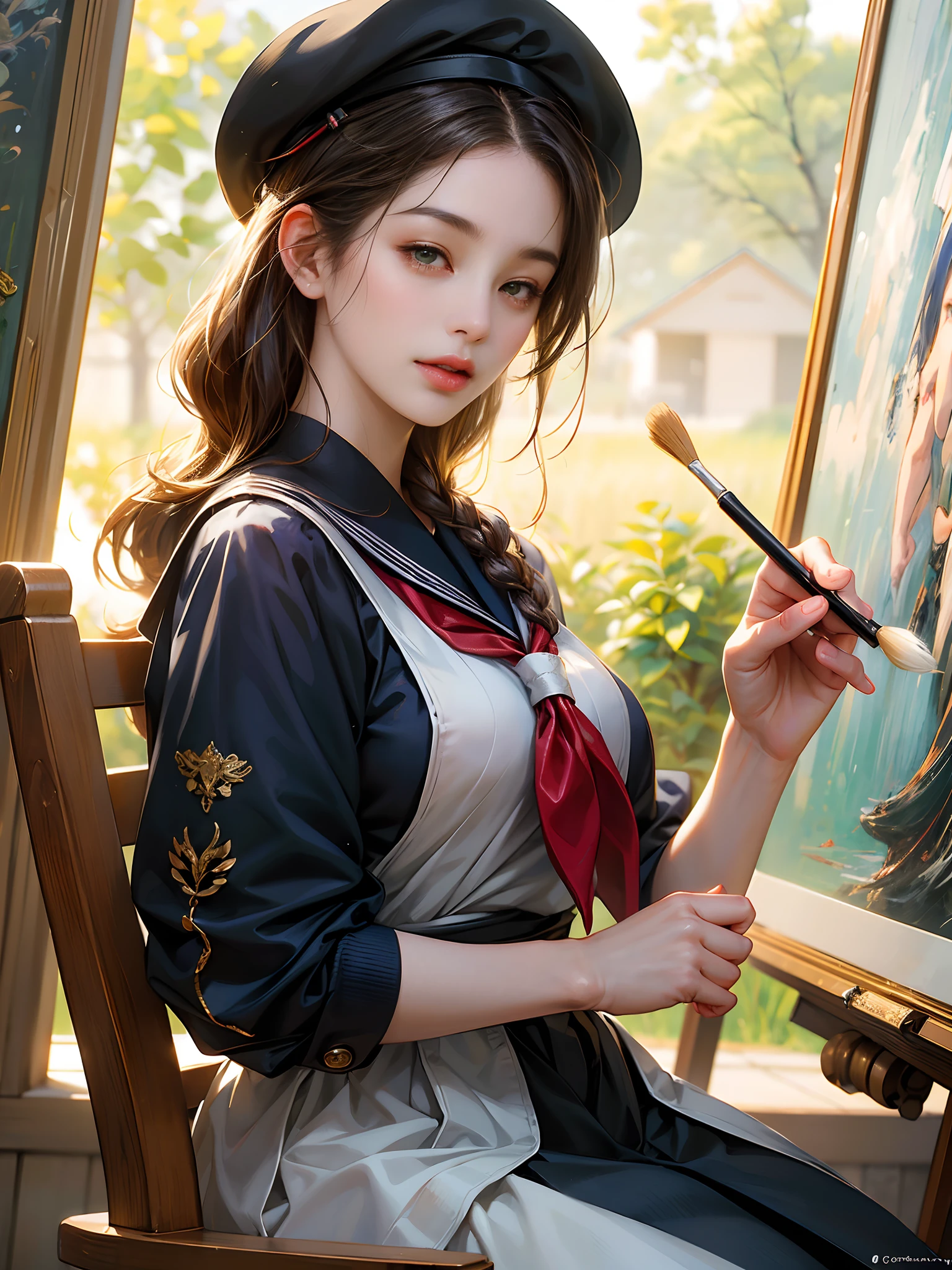 (best quality,ultra-detailed,realistic,artistic:1.2),Shigure from Kantai Collection in a beret cap, peacefully painting a picture, surrounded by other students also drawing. Shigure wears a sailor school uniform, perfectly complementing her serene expression. The art gallery atmosphere creates a relaxing ambiance, with soft natural lighting illuminating the scene. The painting materials and brushes in Shigure's hands showcase her artistic talent, while the vibrant colors and intricate details bring her artwork to life. The artwork captures the essence of peaceful creativity and the joy of art in a captivating manner.