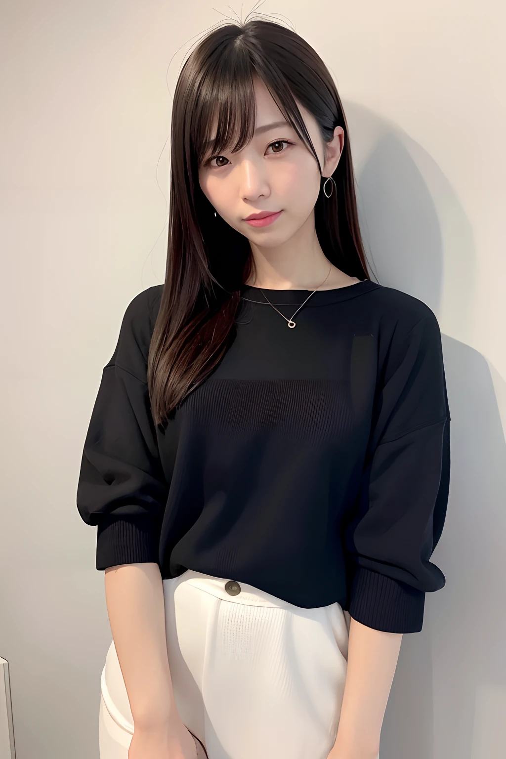 Ordinary woman in plain clothes、Harsh flash photography、[photos realistic]!!,Candid flash photography、magnifica、Masa Nakayama、flash photo、Sui Ishida、Do not copy hands、adult lady、White wall background、Photo from the front、Promotional photos、Cute clothes、Beautiful clothes