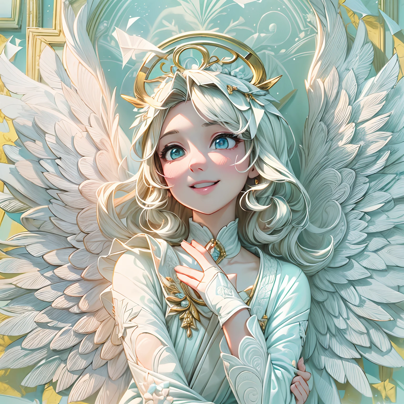 (full-body shot:1.4), White background, (1 angel girl,shining wings, halo, exquisite headdress, smile), (paper art, Quilted paper art, geomerty), (extremely colorful, Best quality, high detailed, Masterpiece, Cinematic Lighting, 4K, Chiaroscuro)