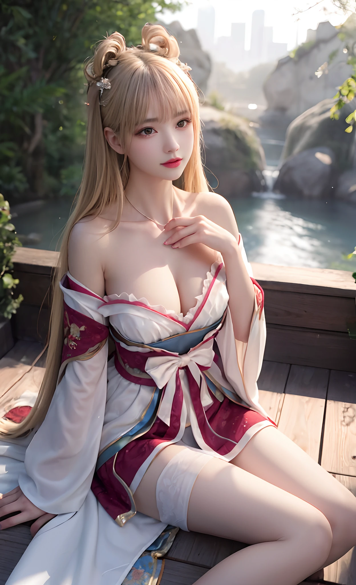 unbelievable Ridiculous，hugefilesize，ultra - detailed，the heirs，The is very detailed，Best quality at best，tmasterpiece，An extremely delicate and beautiful，The is very detailed，CG，Solidarity，8k wallpaper，An Astonishing，finely detailled，tmasterpiece，Best quality at best，offcial art，extremely detailed CGunity8k wallpapers，The upper part of the body，tmasterpiece，Need，（真实感：1.4），A high resolution，long whitr hair，Jewelry hairpins，breast enhancement，Riverside rocks or temples or bridges，hanstyle，Hanfu，ssee-through，Bigchest，There are very deep，There is light in the chest，Looming，Extremely Delicately Beautiful，Delicate collarbones，beautiful make up，Exquisite and perfect facial features，looking toward the viewer，photon maping， Radio City， physically-based renderingt， above waist