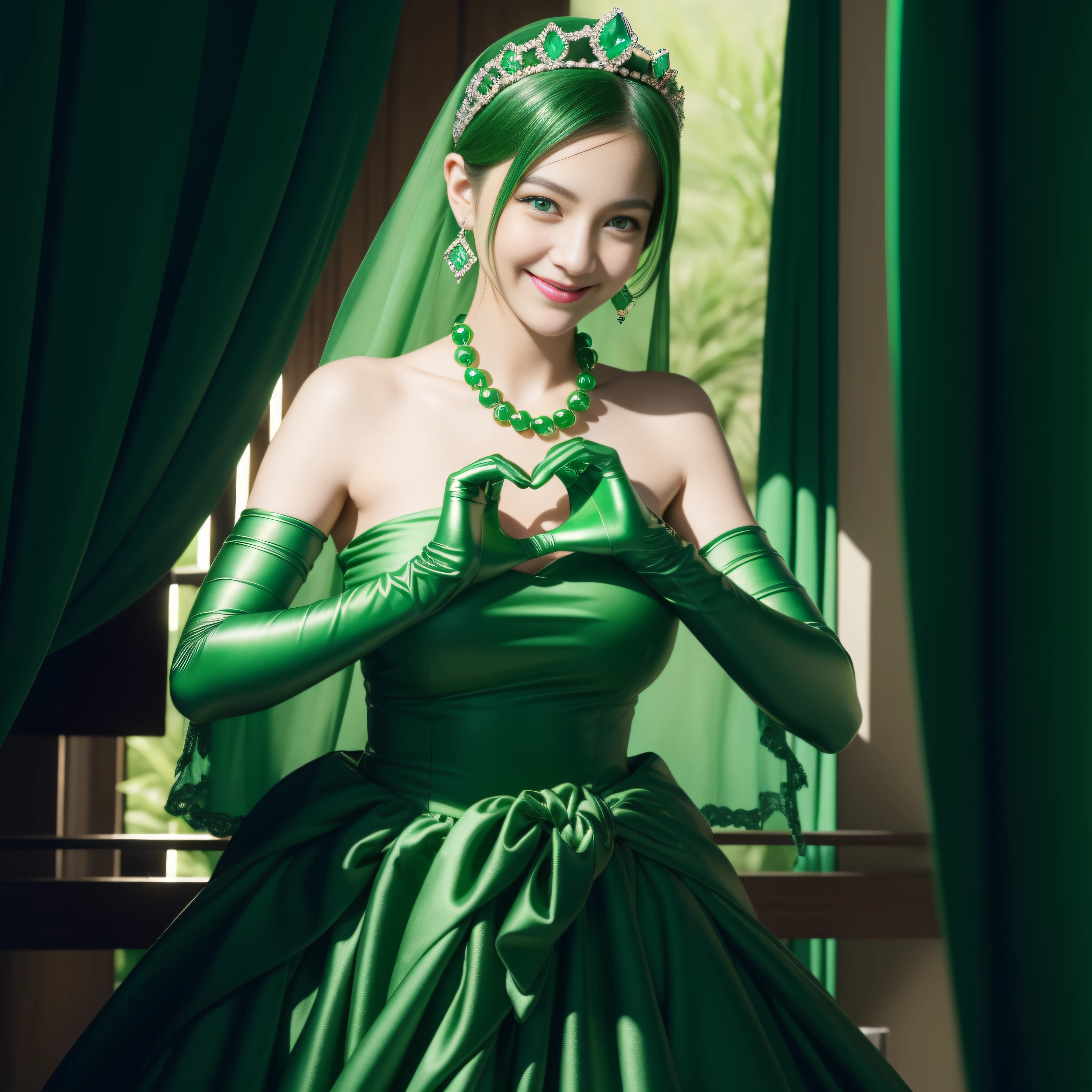 emerald tiara, Green Pearl Necklace, Boyish very short green hair, lipsticks, Japan woman smiling, very short short hair,  big breasts beautiful, Green eyes, Long green gloves made of satin material, Green eyes, Emerald Earrings, green vale, Heart with both hands