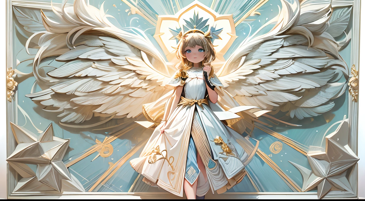 （full body shot of：1.4），white backgrounid，（1 angel girl，shiny wings，The halo，Delicate headgear，ssmile），（paper art，Quilted paper art，Geometry），（plethora of colors，Best quality，high detal，tmasterpiece，Cinematic lighting effects，4K，Chiaroscuro）