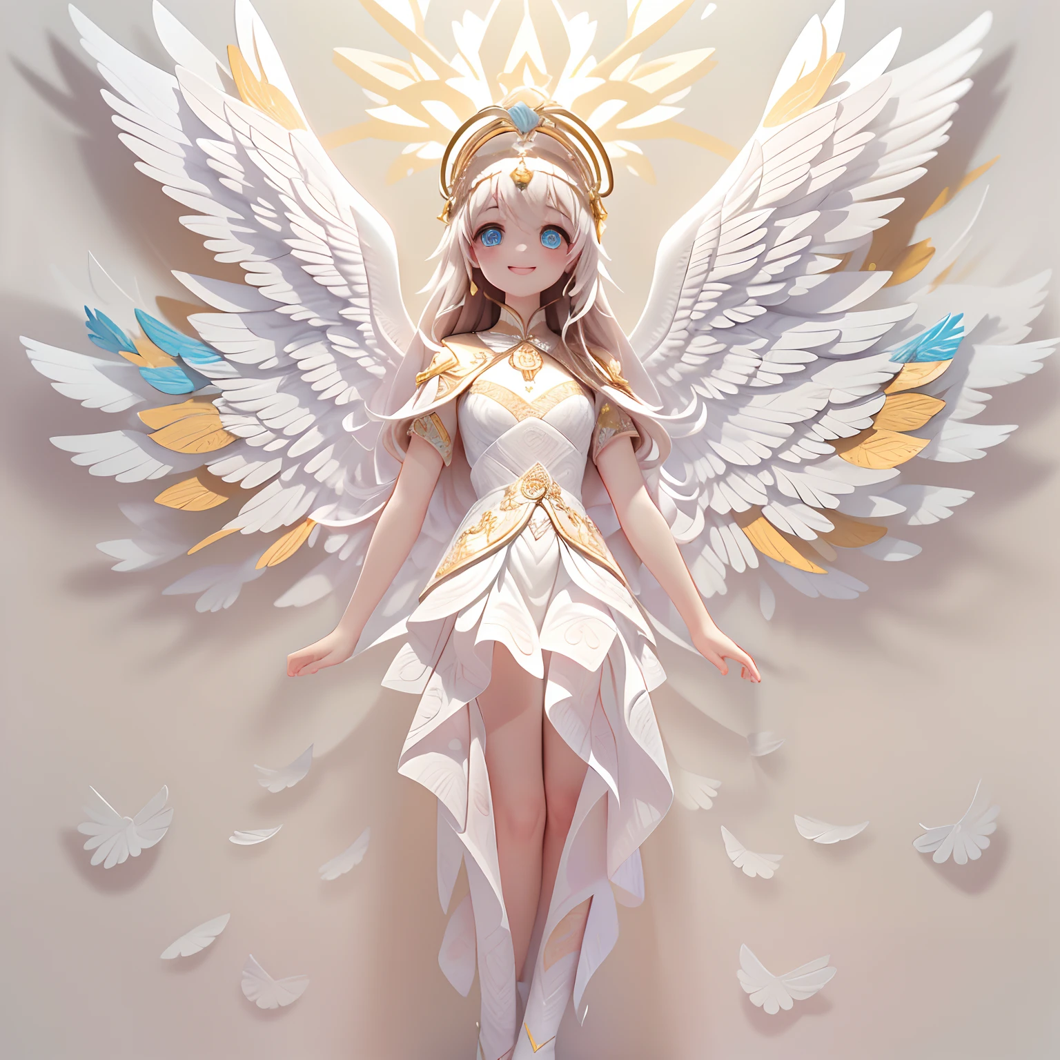 (full-body shot:1.4), White background, (1 angel girl,shining wings, halo, exquisite headdress, smile), (paper art, Quilted paper art, geomerty), (extremely colorful, Best quality, high detailed, Masterpiece, Cinematic Lighting, 4K, Chiaroscuro)