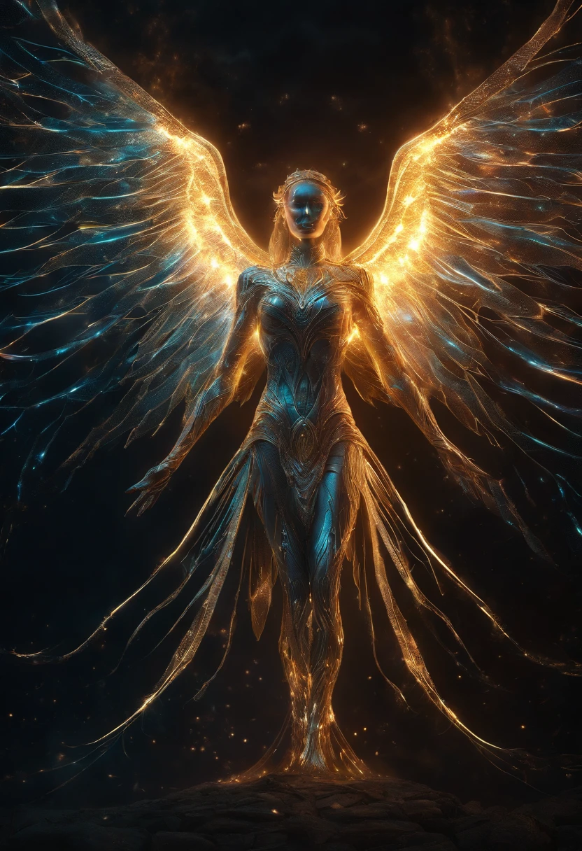 Cosmic Fallen Angel, glowing light eyes, Biomechanical, eerie, Creepy, nightmarish, Very bright colors, Light particles, with light glowing, Mshiv, wallpaper art, UHD wallpaper
