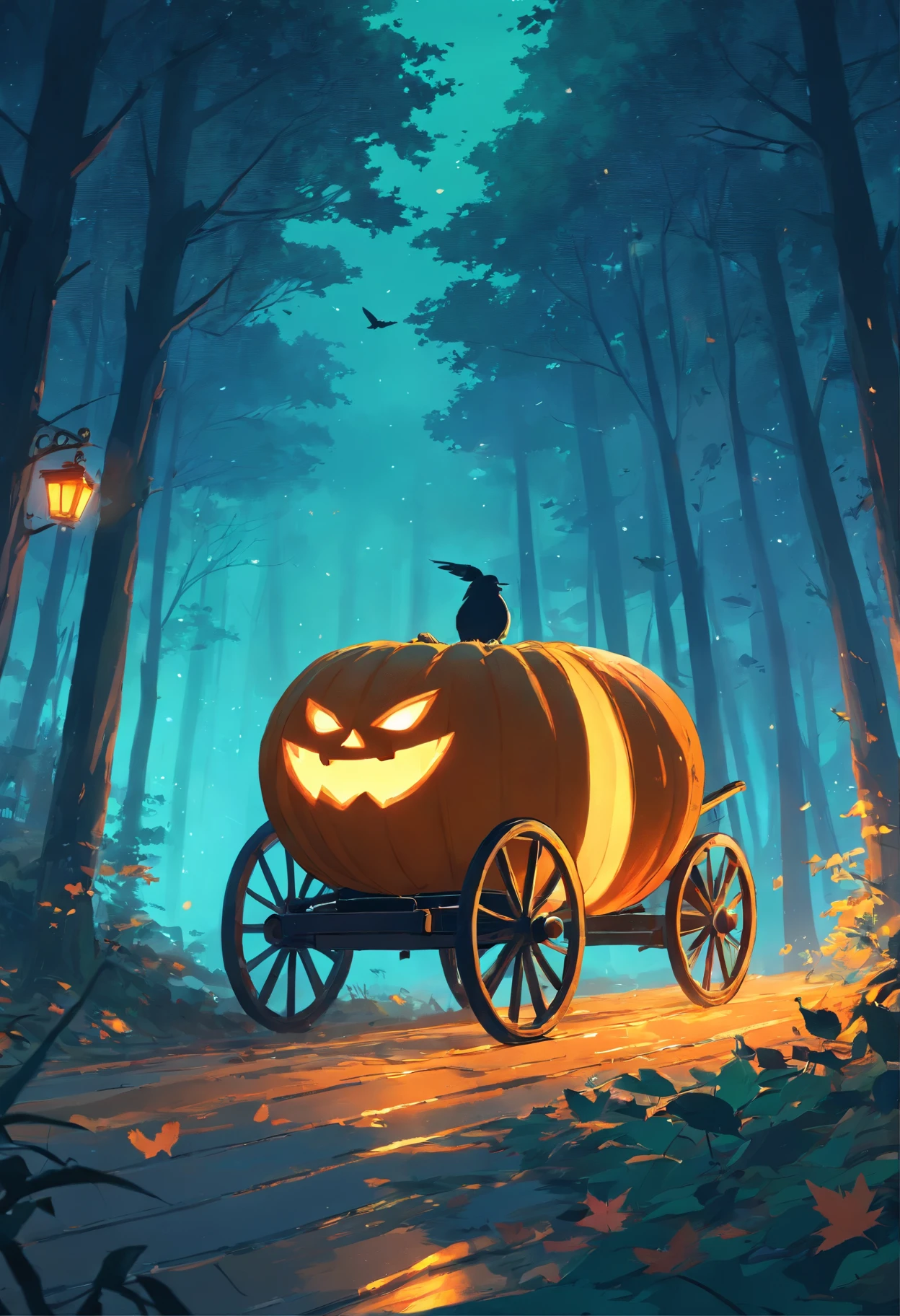 Seen from the side, a pumpkin carriage is passing through the forest, the forest is very quiet and still, you can see the silhouette of a crow behind the dense fog in the forest, it's a long night. Halloween vibes, fantasy, (masterpiece:1.3), (vibrant:1.2)