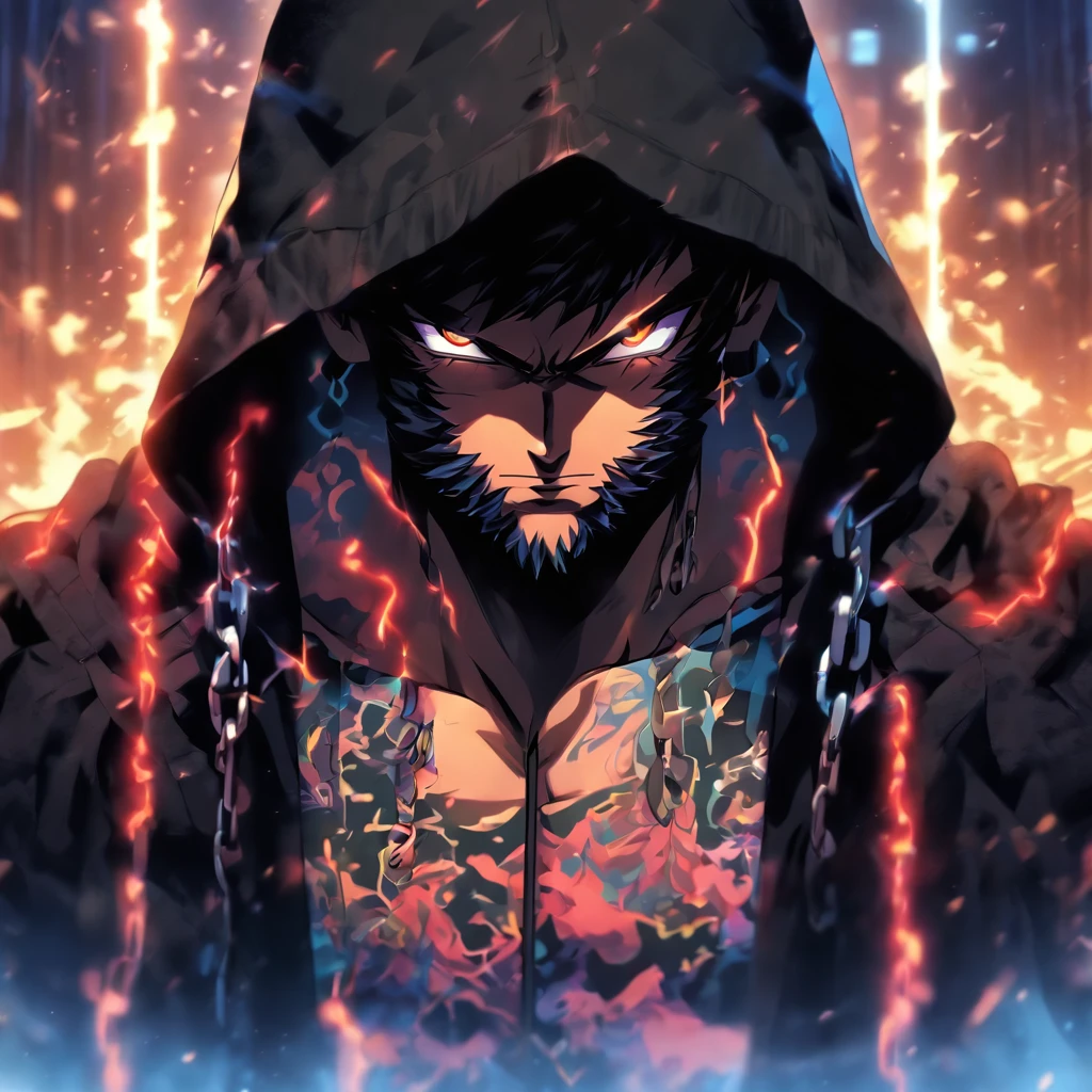 1man,hoodie,chains all around body,black hoodie,hood up,badass,mist,muscular