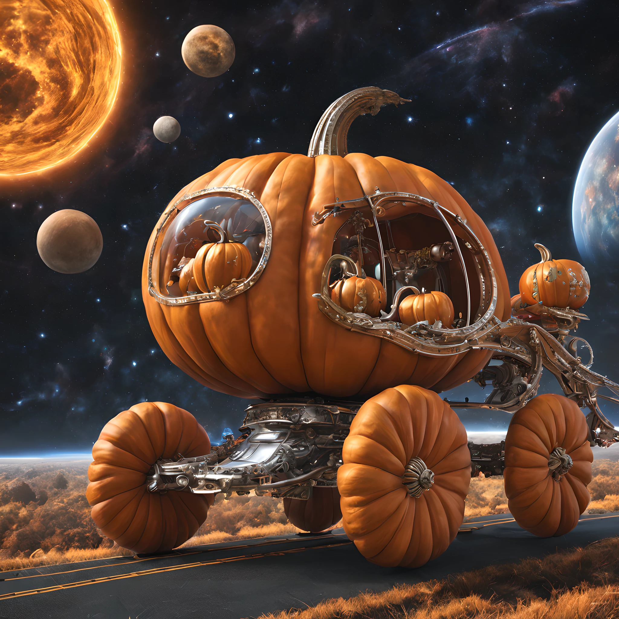 Pumpkin carriage、Pumpkin carriage in a sci-fi world、Spaceship in the shape of a pumpkin carriage、Pumpkin carriage moving through space、cosmic space、Warp Navigation、long exposure time、