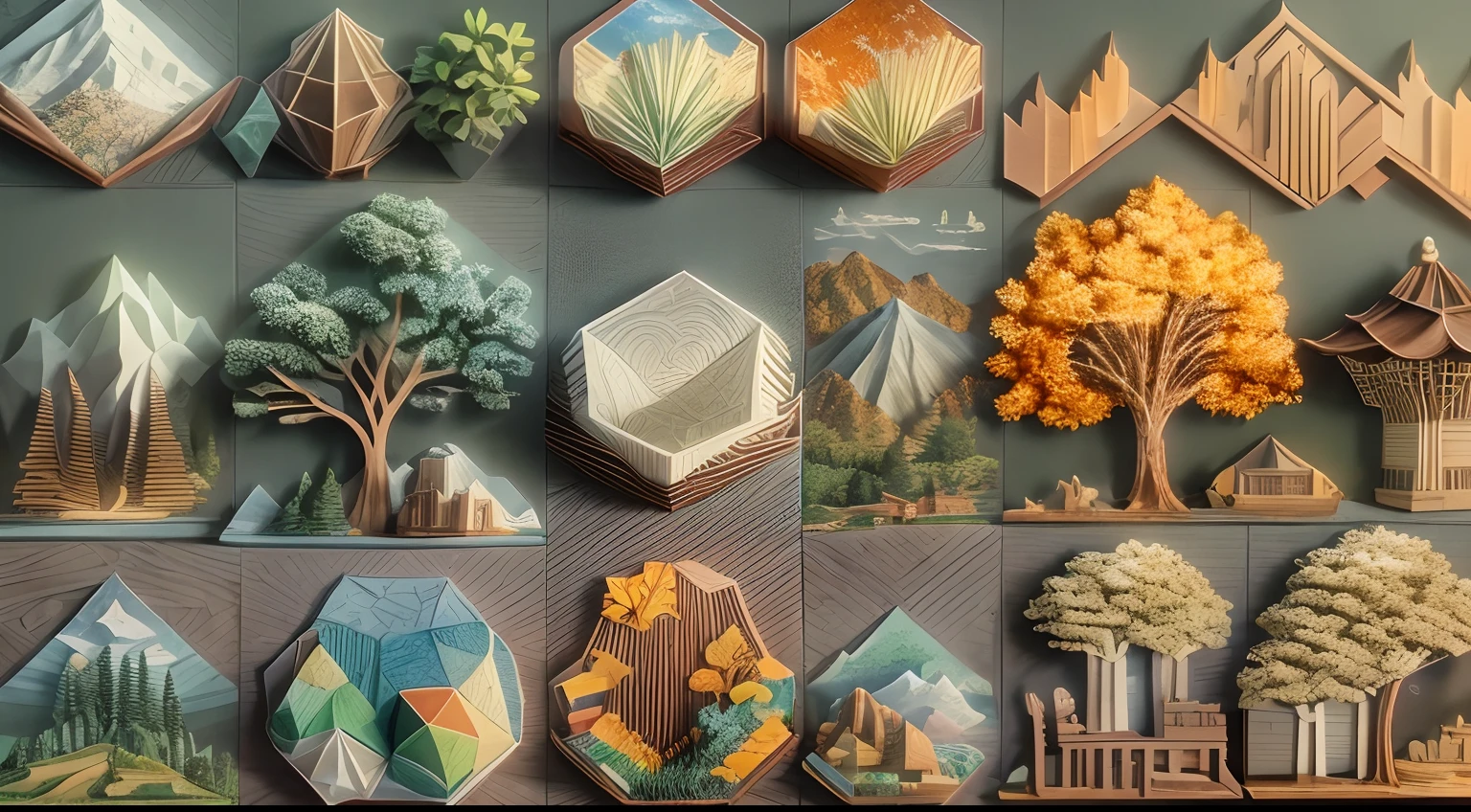 sandbox:1.4),Movie Angle,(suns,baiyun,mountain ranges,ln the forest,rios),(paper art,Quilted paper art,geomerty),(plethora of colors,Best quality,high detal,tmasterpiece,Cinematic lighting effects,4K,Chiaroscuro)