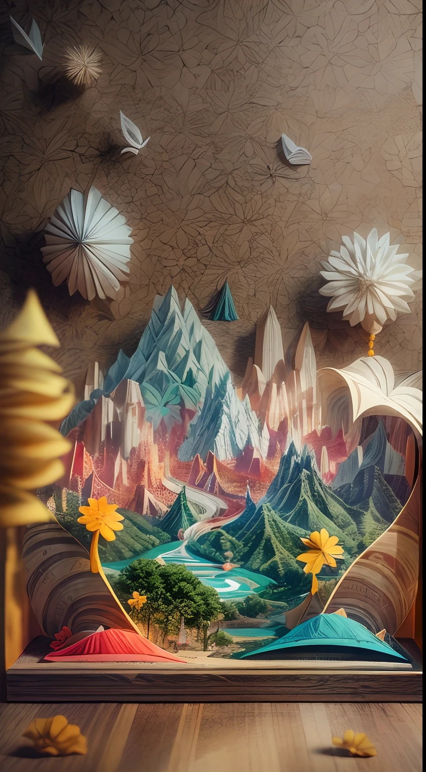 sandbox:1.4),Movie Angle,(suns,baiyun,mountain ranges,ln the forest,rios),(paper art,Quilted paper art,geomerty),(plethora of colors,Best quality,high detal,tmasterpiece,Cinematic lighting effects,4K,Chiaroscuro)