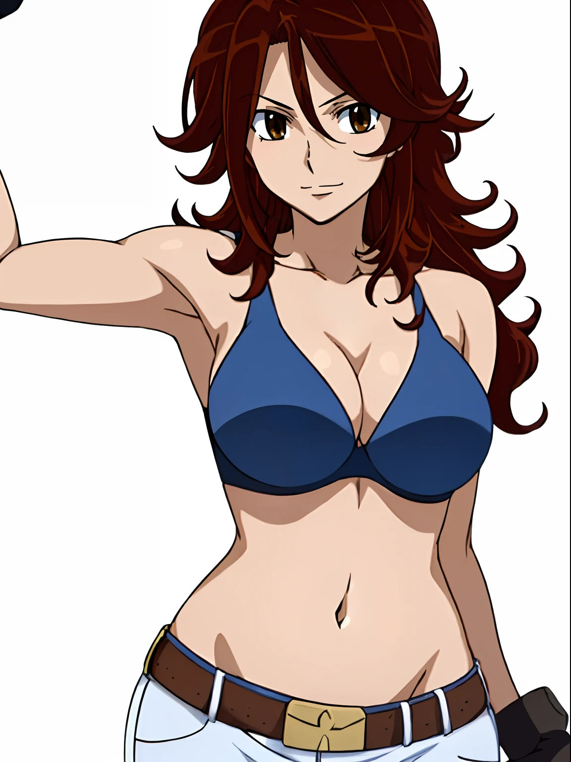 athlete, cowboy shot, ((solo)), Best Quality, hires, curvy midsection, (tilt head, defined weak muscles, detailed muscles), smile, happy), upper body only, anime style: 1.8, anime drawing, ultra detailed face, ultra detailed body, 4k, Sumergai Lee Noriega, (standing), best quality, anime style, hires, highest definition, digital blending, bold drawing lines, (((White Background))), ( (defined muscles), long attractive belly, slim body, ((strong arm muscles)), broad shoulders , off-shoulders, closed fists, (double bra, shorts, white gloves, , arm band, (champion belt))), (large breasts, defined cleavage, closed mouth, sexy navel, shiny skin), (big eyes, brown eyes, shiny eyes), (reddish hair, loose hair, curly hair, wavy hair, long hair, floating hair)