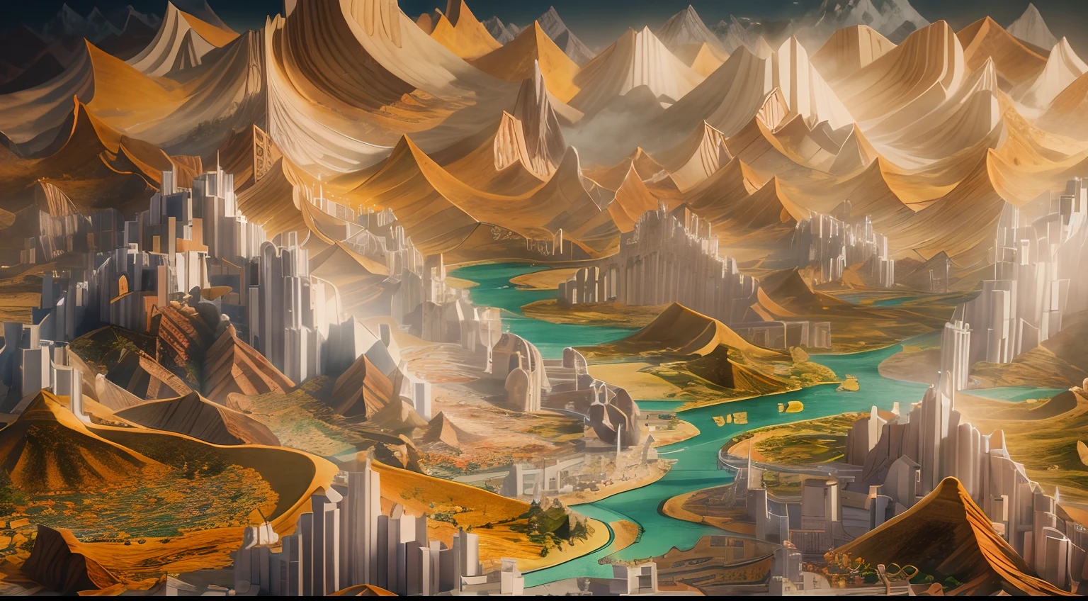 sandbox：1.4），Movie Angle，（suns，baiyun，mountain ranges，ln the forest，rios），（paper art，Quilted paper art，geomerty），（plethora of colors，Best quality，high detal，tmasterpiece，Cinematic lighting effects，4K，Chiaroscuro）