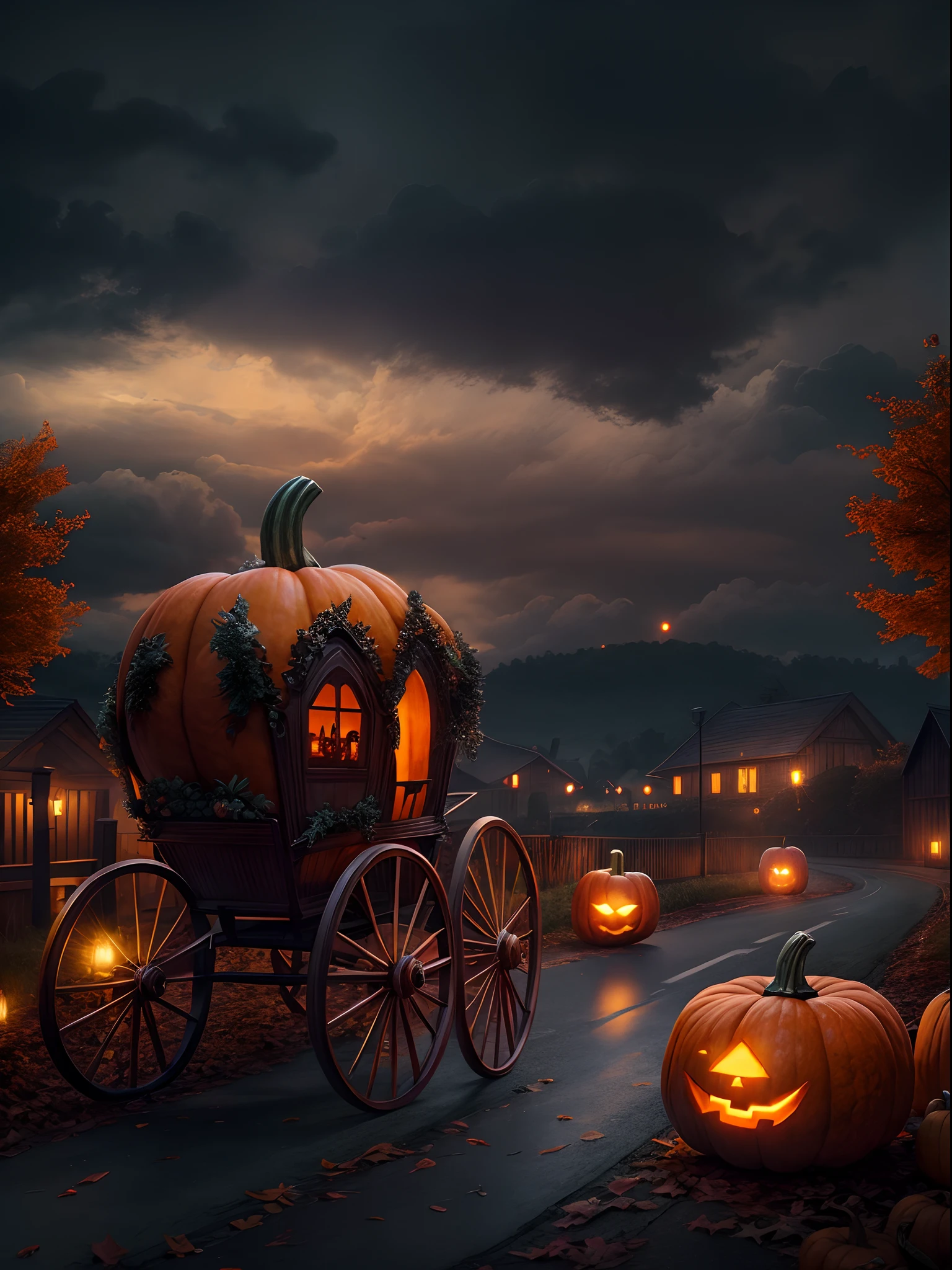 A pumpkin carriage at hill, Halloween night, super realistic, glowing orange pumpkin carriage, pumpkins at hills, cloudy sky, detailed art, cinematic art, 24K UHD resolution, blurred background, ultra high detailed