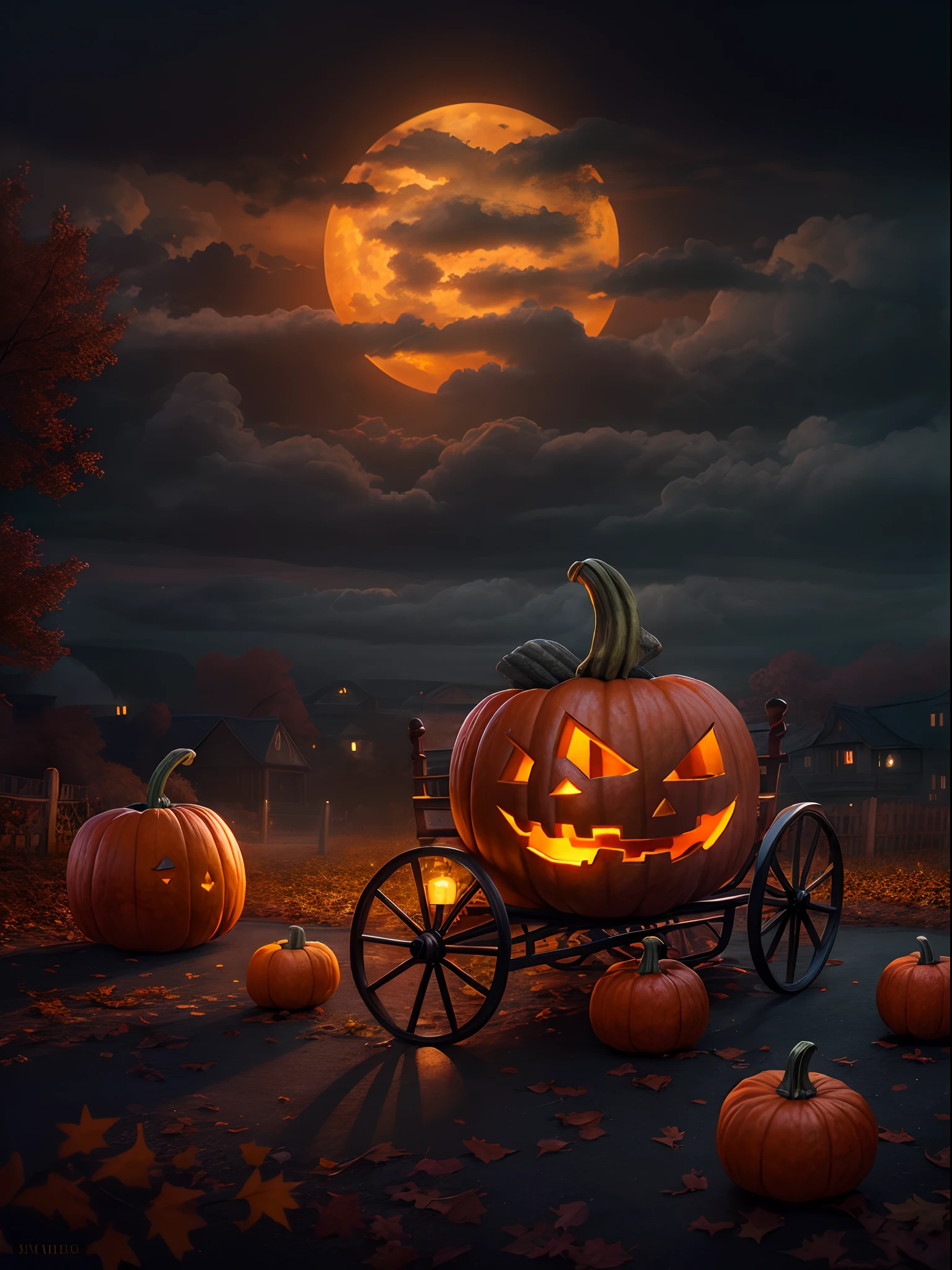 A pumpkin carriage at hill, Halloween night, super realistic, glowing orange pumpkin carriage, pumpkins at hills, cloudy sky, detailed art, cinematic art, 24K UHD resolution, blurred background, ultra high detailed