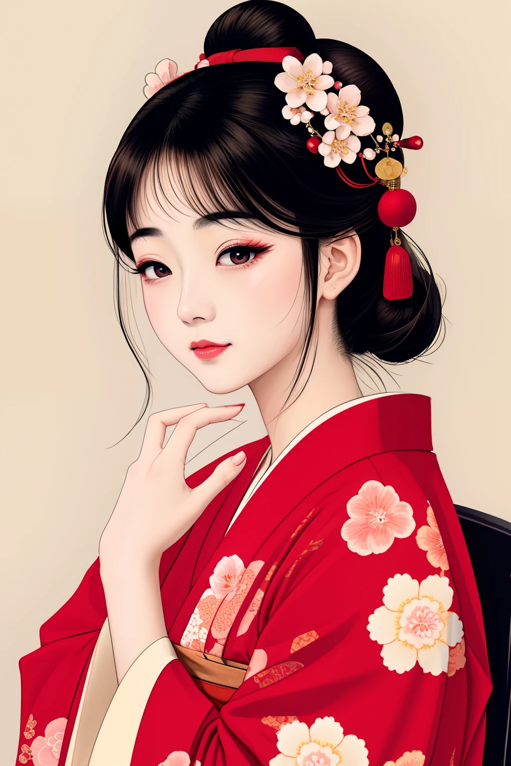 ((Big、a small face、No exposure))、top-quality、​masterpiece、（Bun hair Black hair）、Brown eyes、｟From the buttocks up is the whole body、Diagonally horizontal｠、(４In K、​masterpiece、hight resolution、Realistic and beautiful light and shadow、One girl、Solo Focus、(top-quality)、(Hi-Res)、(extremely delicate and beautiful)、(Beautiful 8k face)、(I close my eyes while smiling.)、(独奏)、(Clear skin)、(Soft hair)、(7headed body)、(Yukata kimono with red and white floral pattern、Beautiful girl in Japan wearing yukata)、((Hair in a bun))、((Tanabata decoration background))、((a small face))、(reality)、thin and small nose、（red lipsticks）、（Reddening cheeks）、（Lustrous skin）、((Ukiyo-e style))、Ultra-thin eyebrows、Ultra high image quality、（Wearing maiko-style makeup）、skin whitening、long and beautiful lashes、Lustrous skin that changes like a model in a Kyoto magazine、（Red-dyed cheeks）,Nasal muscle