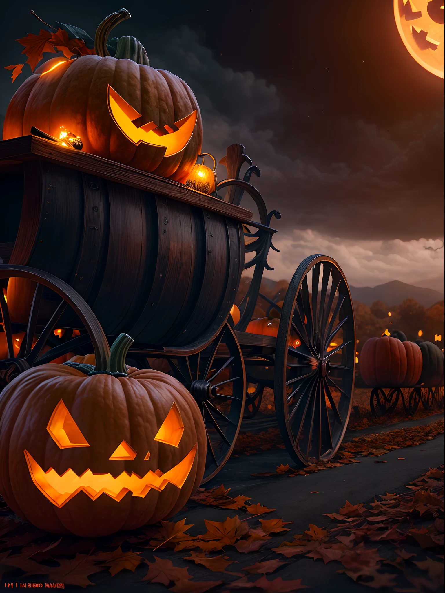 A pumpkin carriage at hill, Halloween night, super realistic, glowing orange pumpkin carriage, pumpkins at hills, cloudy sky, detailed art, cinematic art, 24K UHD resolution, blurred background, ultra high detailed