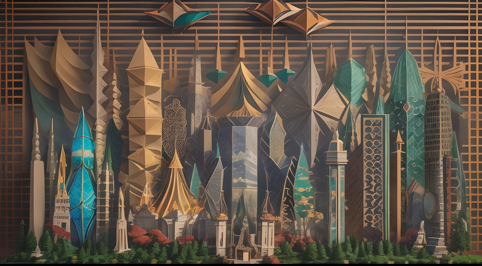 sandbox:1.4),Movie Angle,(suns,baiyun,mountain ranges,ln the forest,rios),(paper art,Quilted paper art,geomerty),(plethora of colors,Best quality,high detal,tmasterpiece,Cinematic lighting effects,4K,Chiaroscuro)