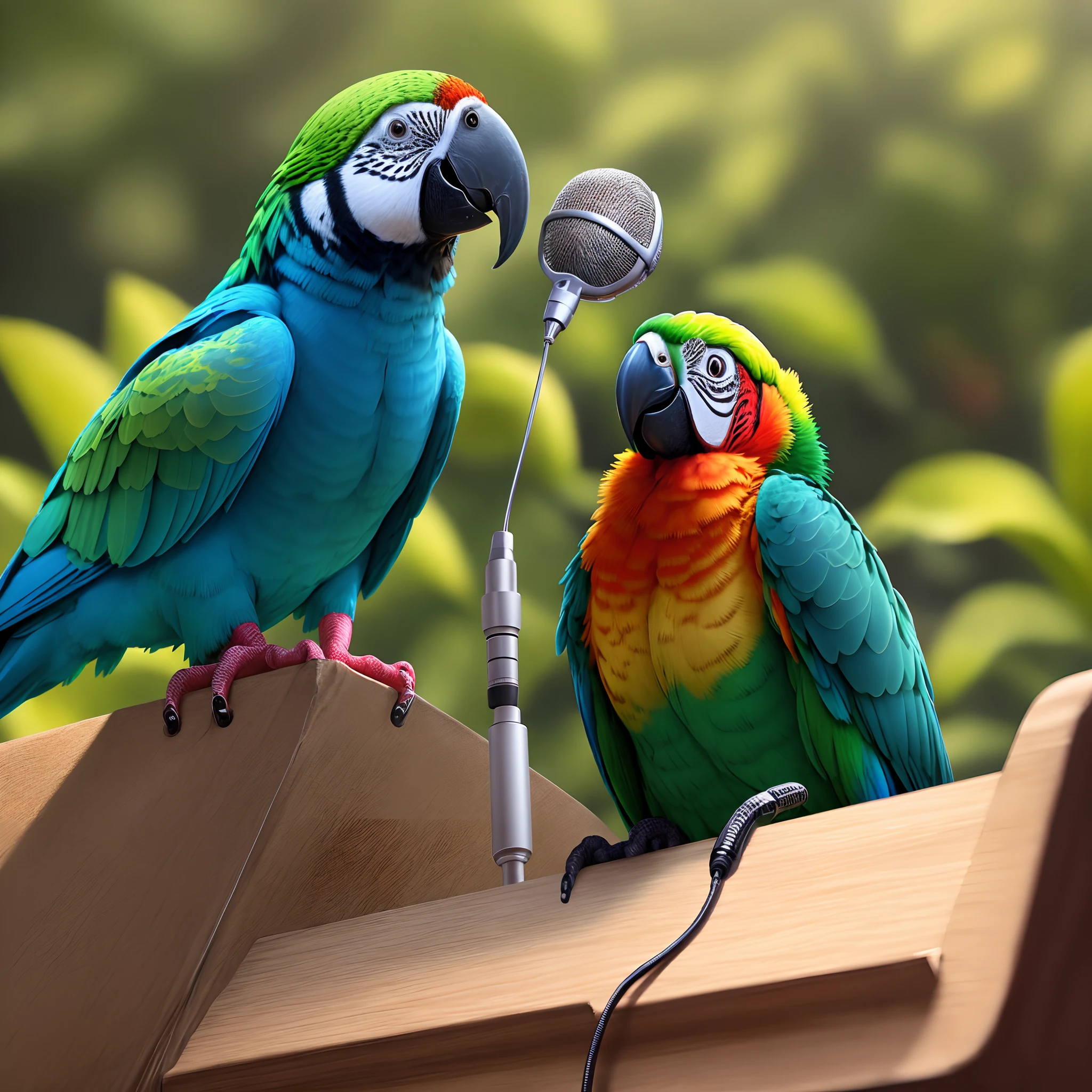 A parrot wearing sunglasses，Singing with a microphone