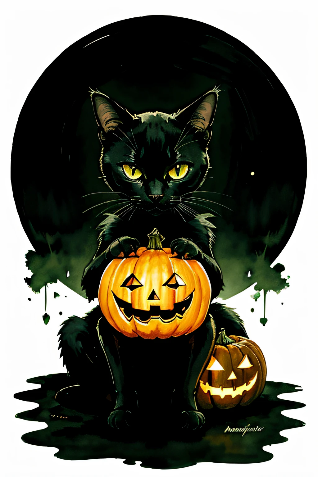 A black cat sits on a jack-o'-lantern pumpkin, its green eyes glowing in the dark,vector, minimalistic, ink drawing, watercolor splash, detailed,anime, illustration