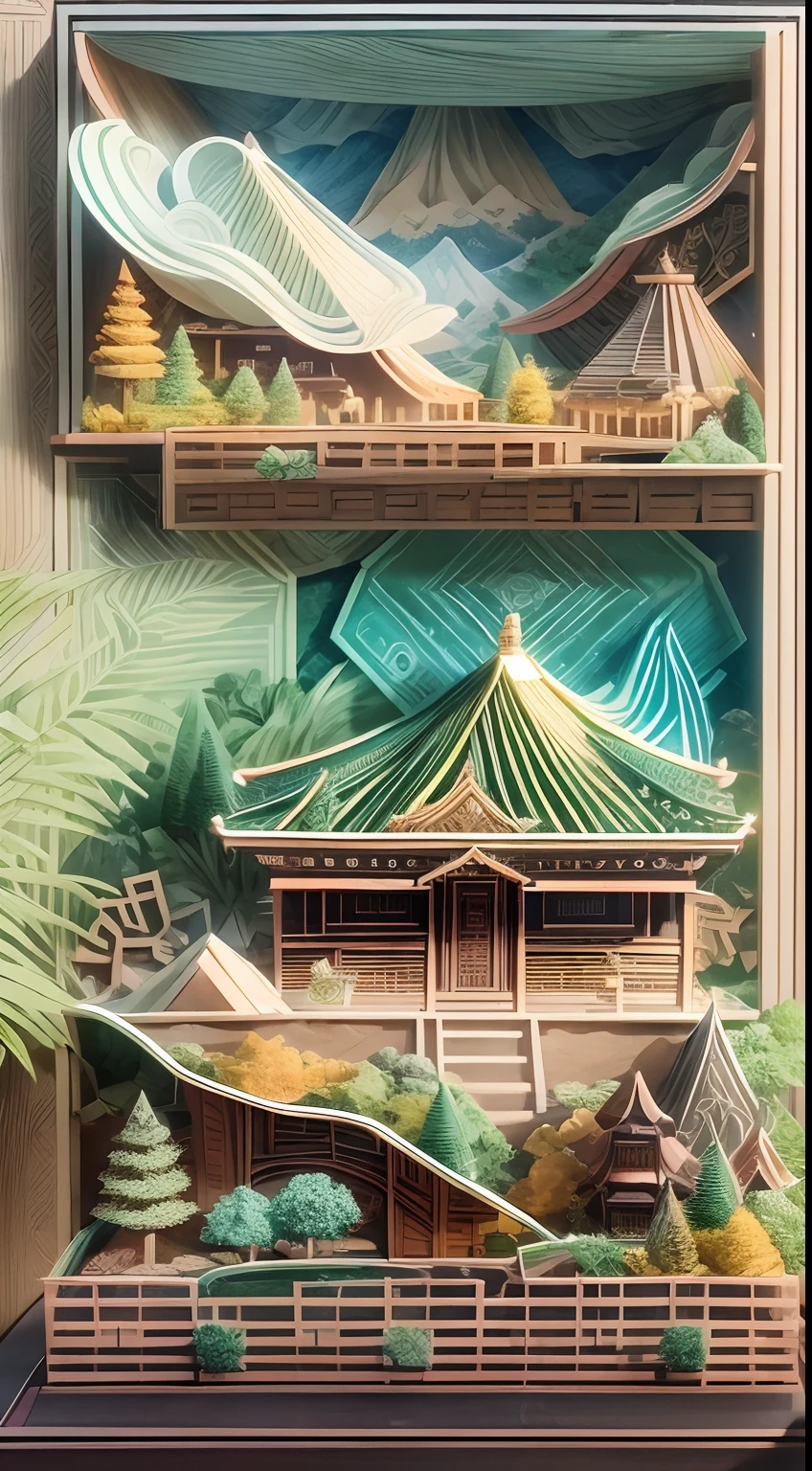 sandbox:1.4),Movie Angle,(suns,baiyun,mountain ranges,ln the forest,rios),(paper art,Quilted paper art,geomerty),(plethora of colors,Best quality,high detal,tmasterpiece,Cinematic lighting effects,4K,Chiaroscuro)