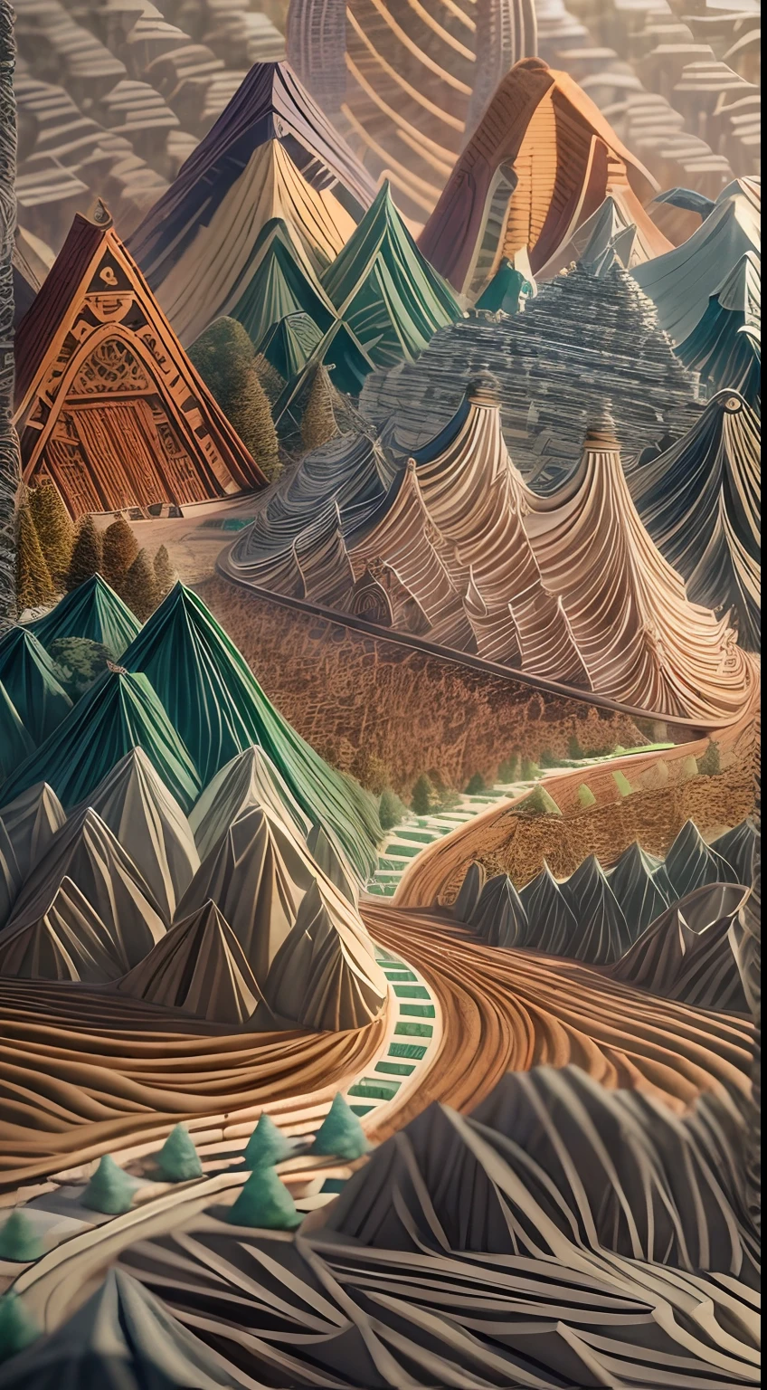 sandbox：1.4），Movie Angle，（suns，baiyun，mountain ranges，ln the forest，rios），（paper art，Quilted paper art，geomerty），（plethora of colors，Best quality，high detal，tmasterpiece，Cinematic lighting effects，4K，Chiaroscuro）