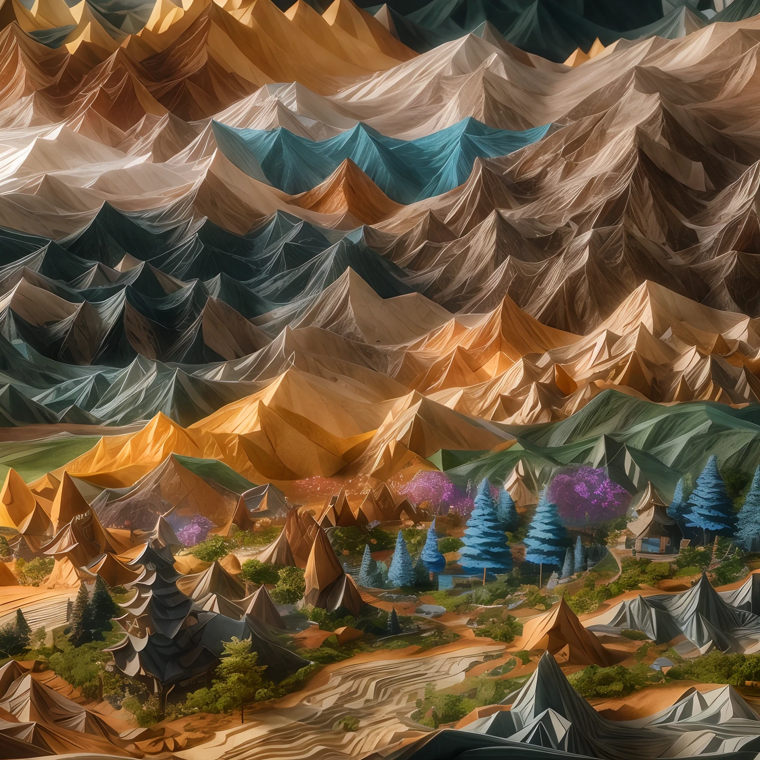 sandbox:1.4),Movie Angle,(suns,baiyun,mountain ranges,ln the forest,rios),(paper art,Quilted paper art,geomerty),(plethora of colors,Best quality,high detal,tmasterpiece,Cinematic lighting effects,4K,Chiaroscuro)