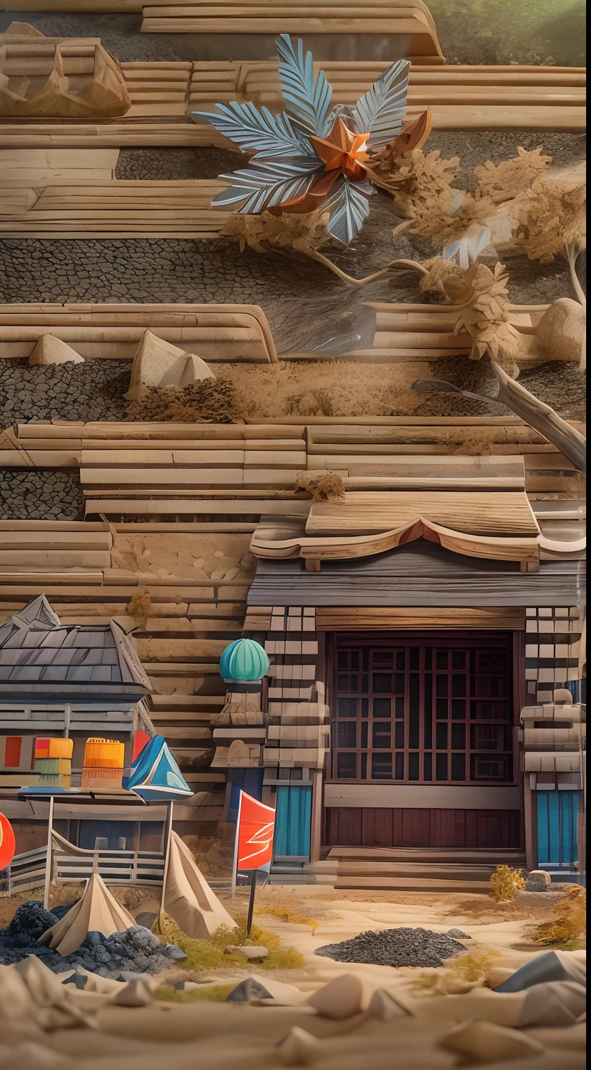 sandbox:1.4),Movie Angle,(suns,baiyun,mountain ranges,ln the forest,rios),(paper art,Quilted paper art,geomerty),(plethora of colors,Best quality,high detal,tmasterpiece,Cinematic lighting effects,4K,Chiaroscuro)